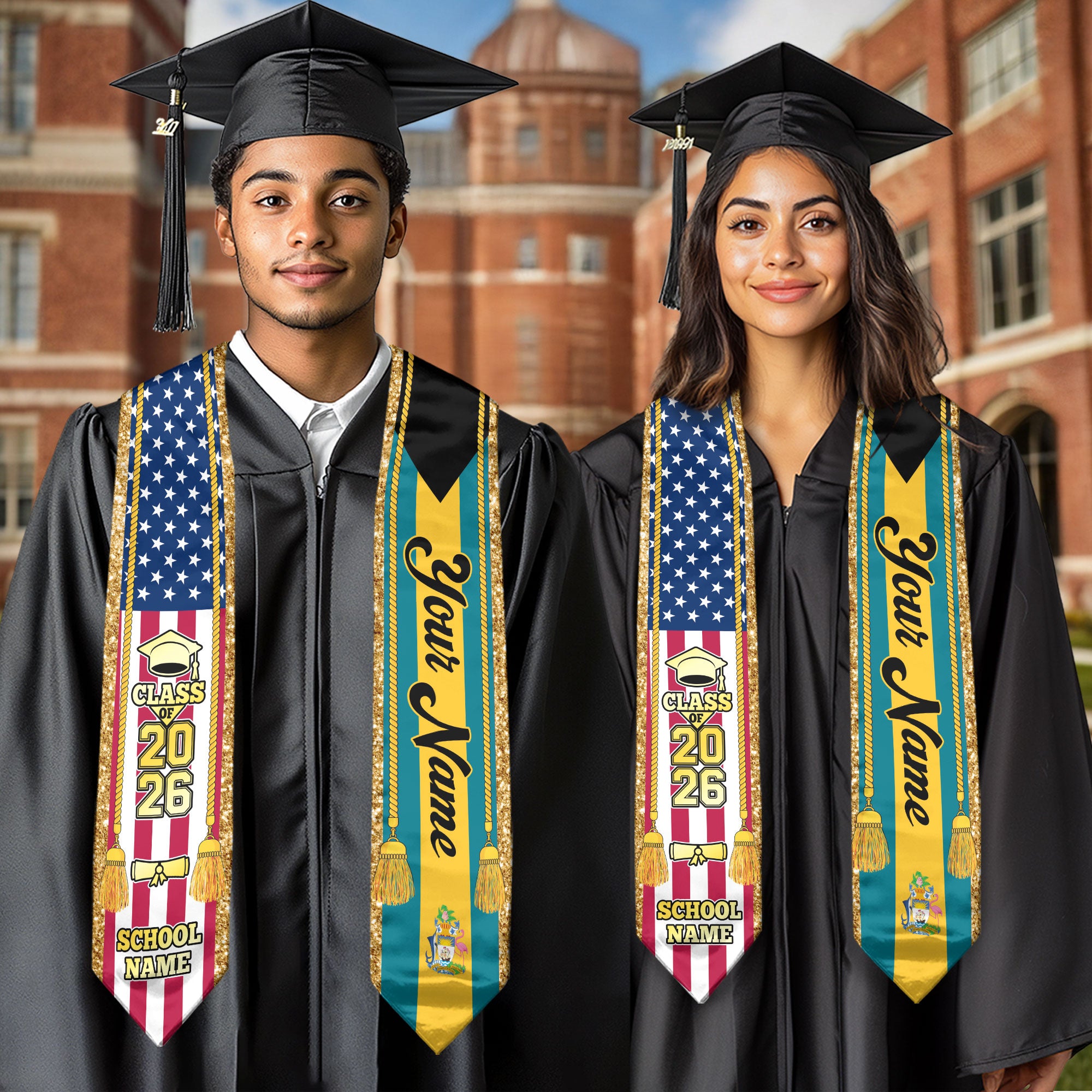 Customized Bahamas Graduation Stole with Island Flag Emblem, Graduation Sash for Class of 2026