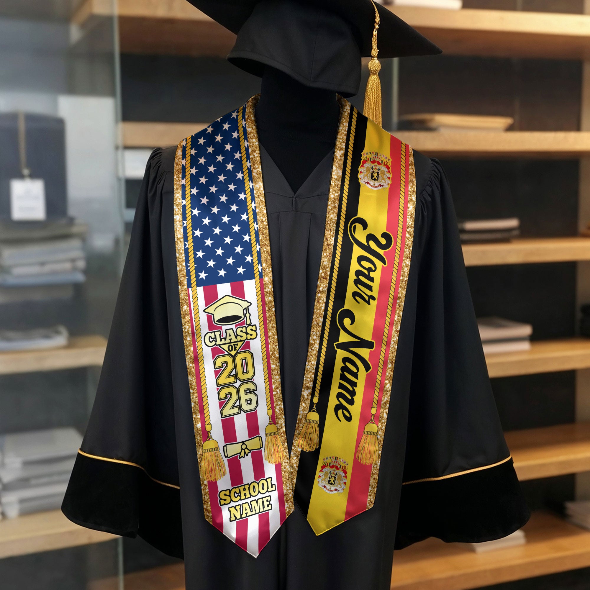 Customized Belgium Graduation Stole with Belgian Flag Emblem, Graduation Sash for Class of 2026