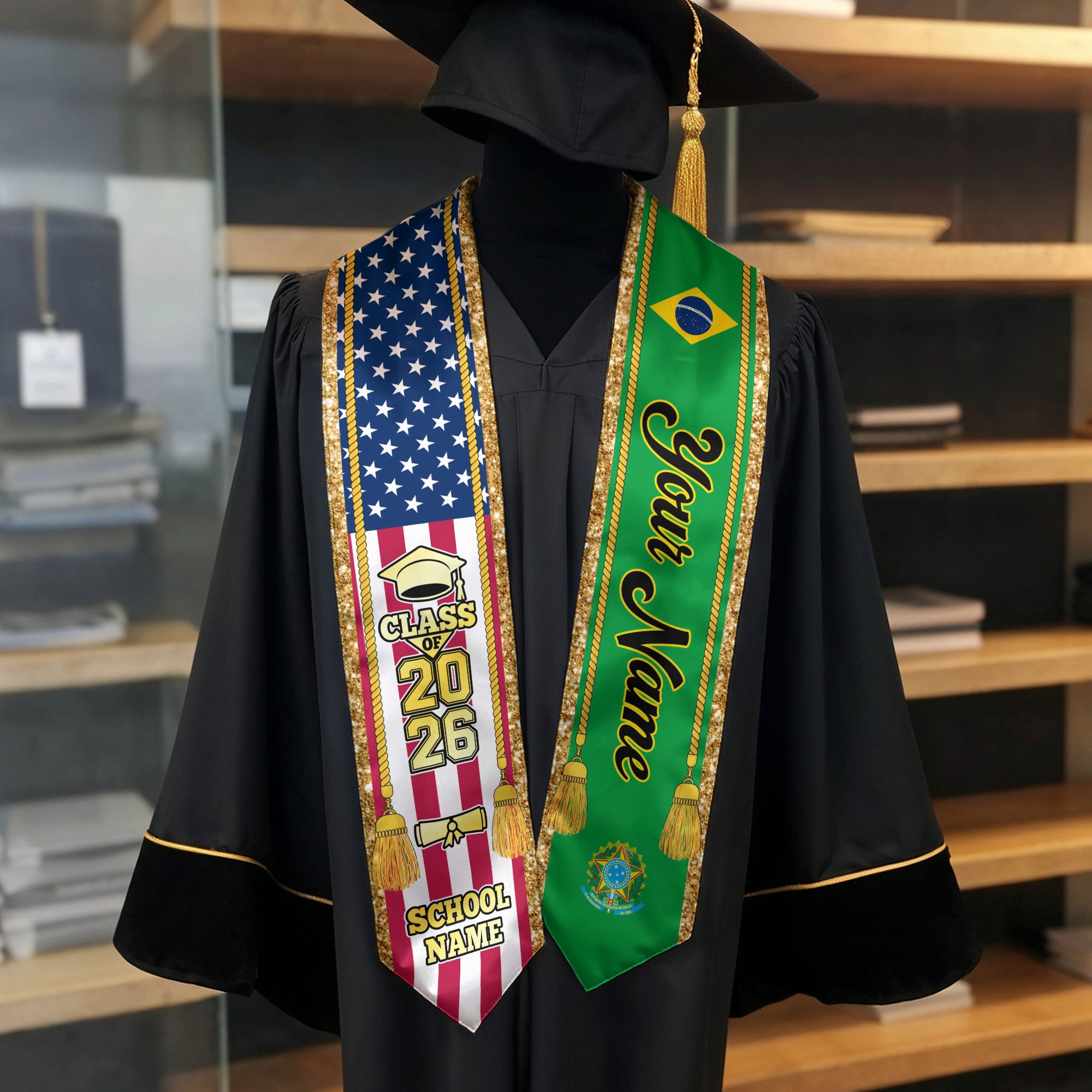 Customized Brazil Graduation Stole with Brazilian Flag Emblem, Graduation Sash for Class of 2026