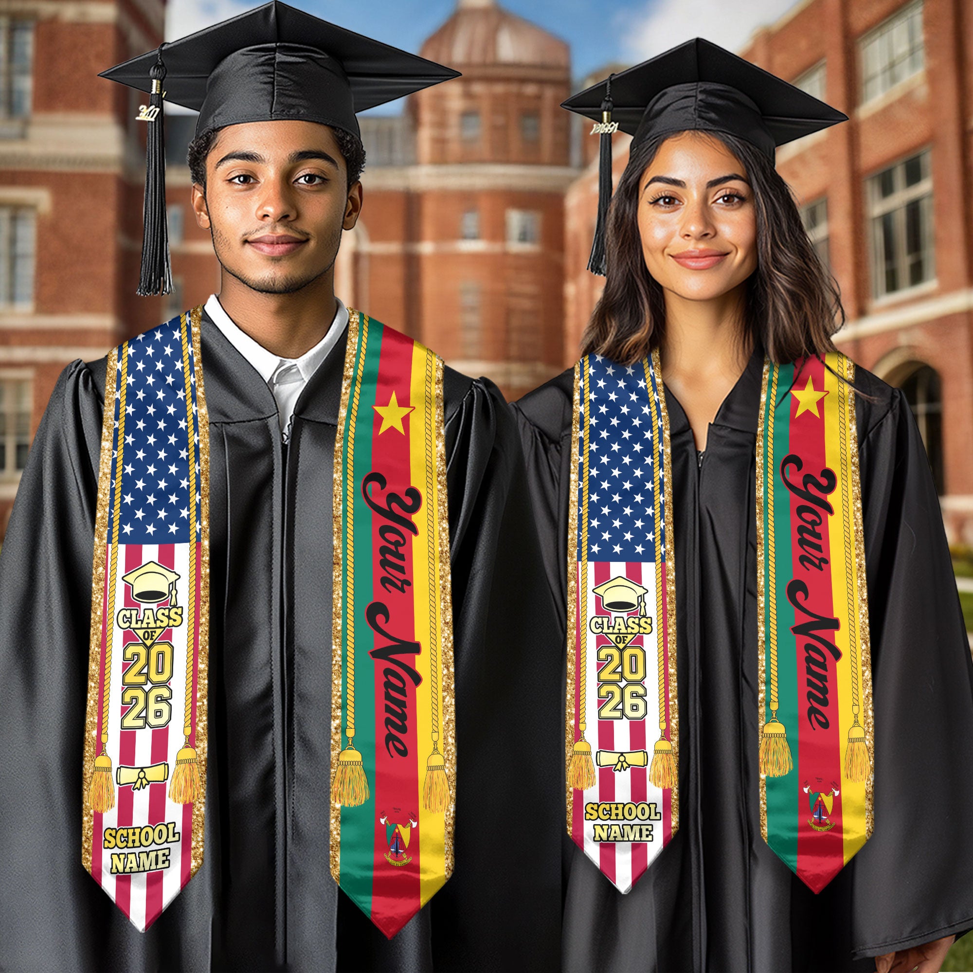 Customized Cameroon Graduation Stole with National Flag Emblem, Graduation Sash for Class of 2026