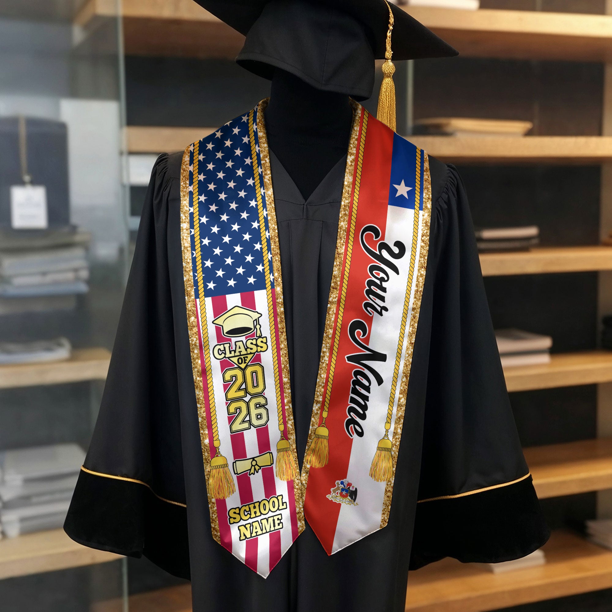 Customized Chile Graduation Stole with Chilean Flag Emblem, Graduation Sash for Class of 2026