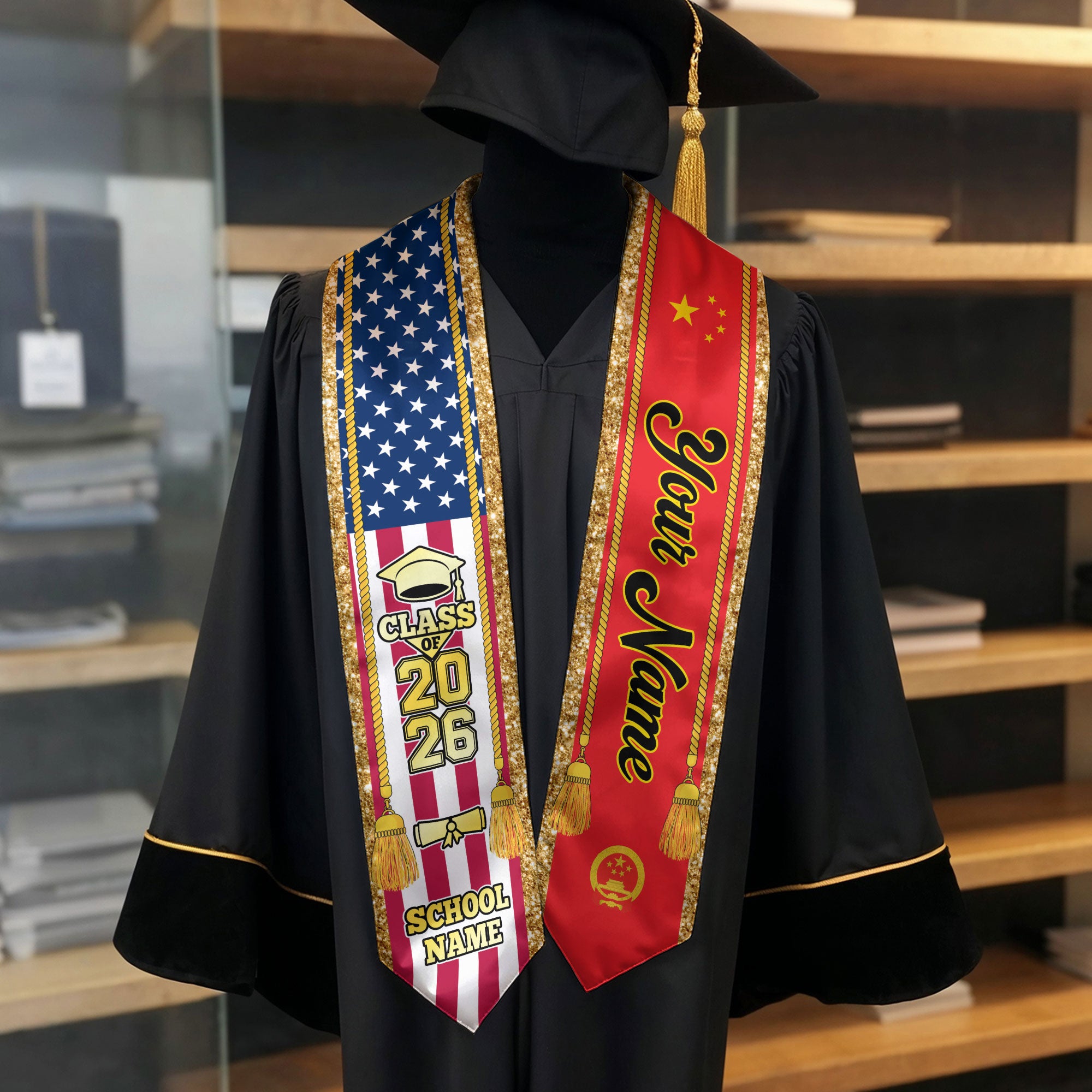 Customized China Graduation Stole with Chinese Flag Emblem, Graduation Sash for Class of 2026