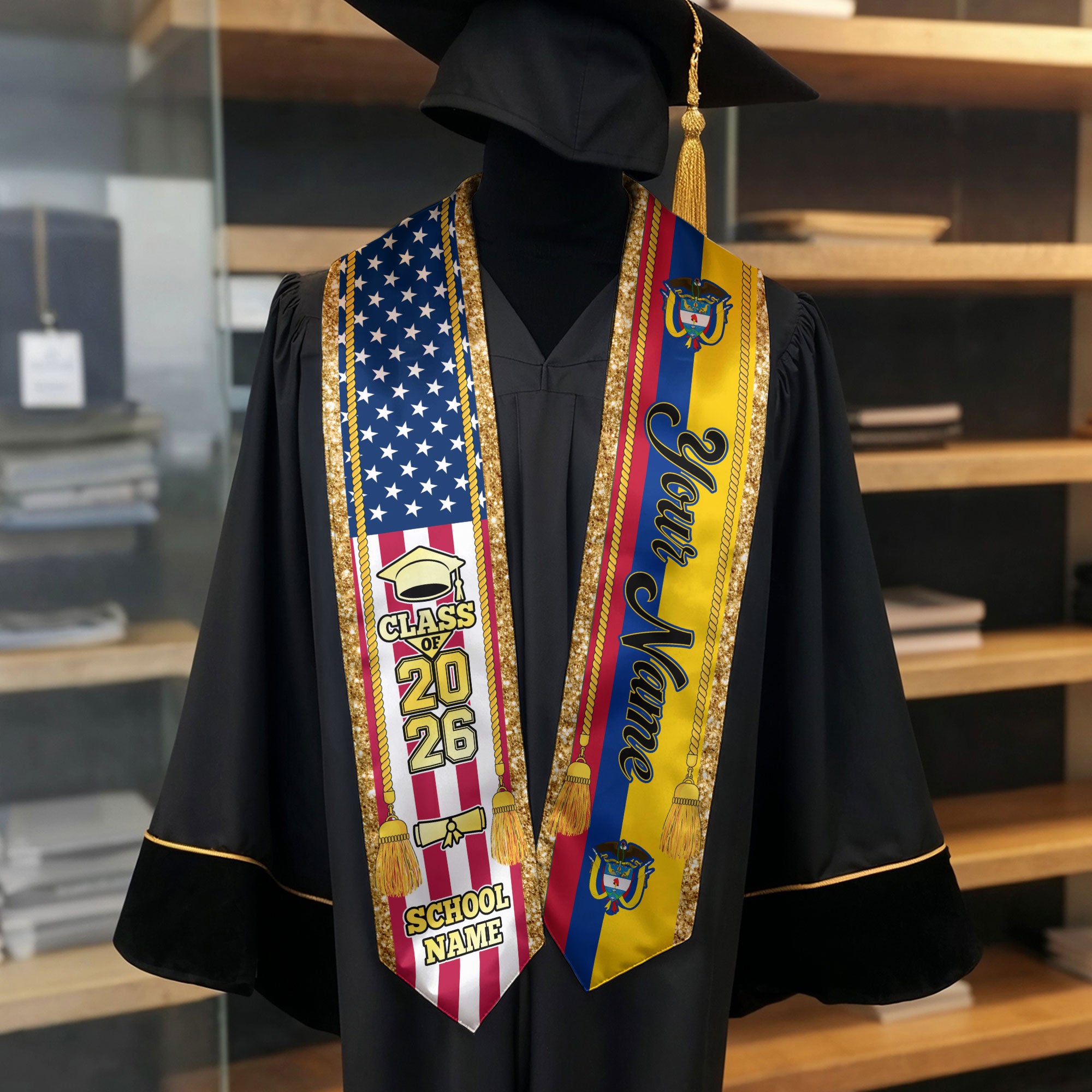 Customized Colombia Graduation Stole with Colombian Flag Emblem, Graduation Sash for Class of 2026
