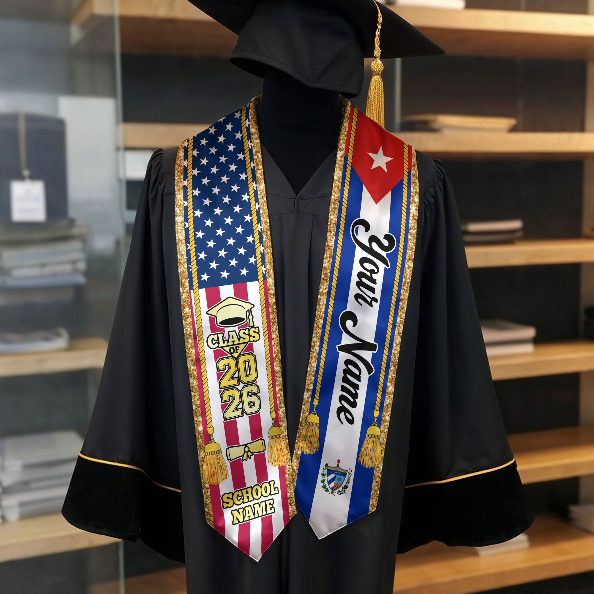 Customized Cuba Graduation Stole with Cuban Flag Emblem, Graduation Sash for Class of 2026