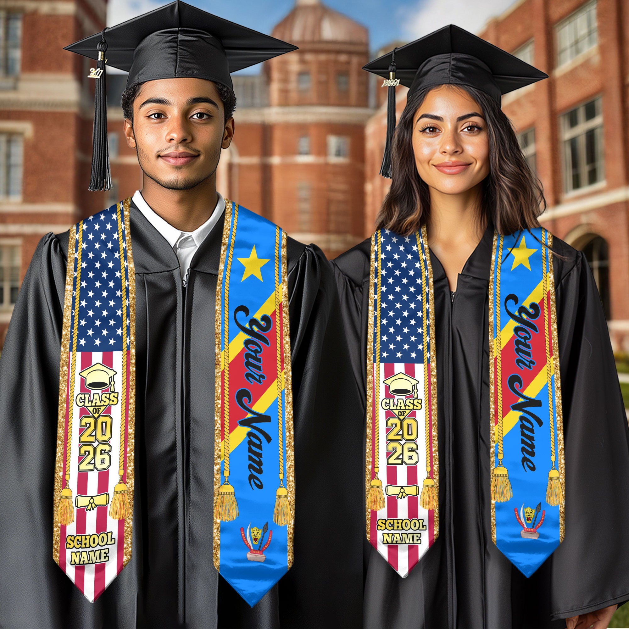 Customized DR Congo Graduation Stole with National Flag Emblem, Graduation Sash for Class of 2026