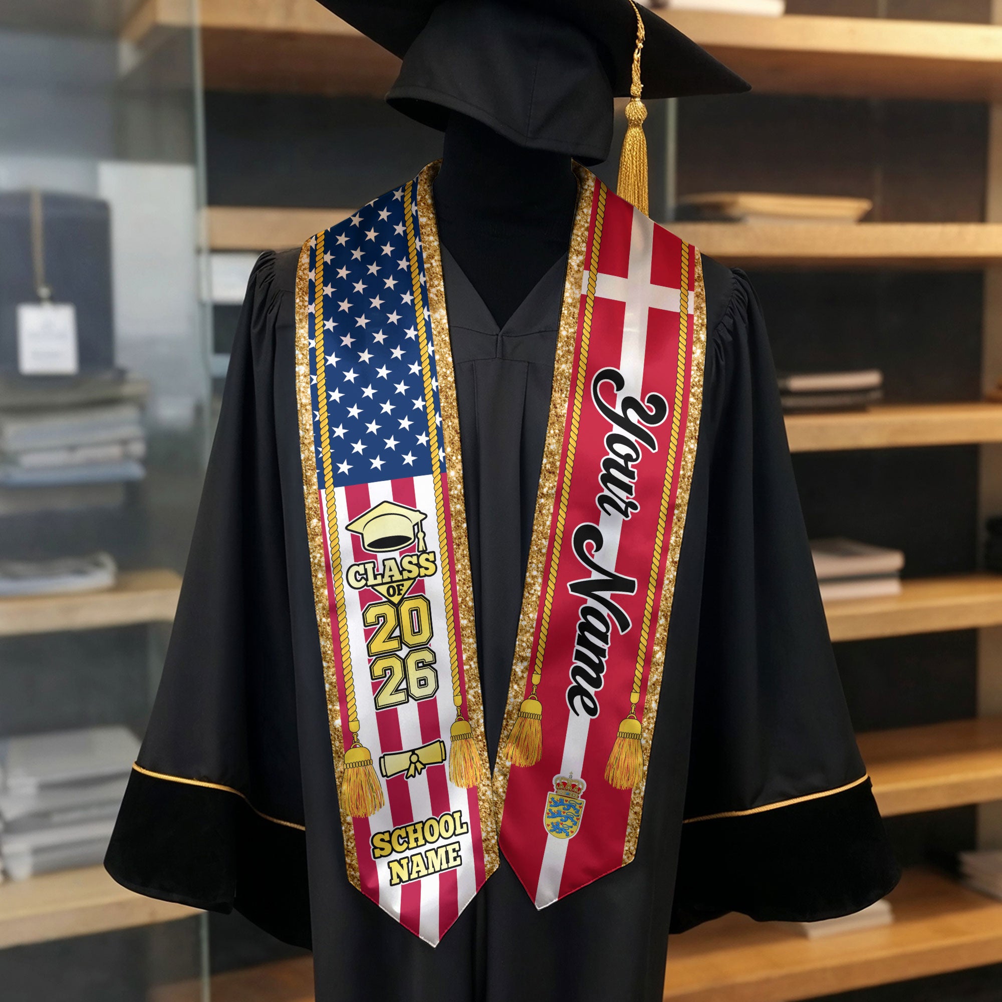 Customized Denmark Graduation Stole with Danish Flag Emblem, Graduation Sash for Class of 2026