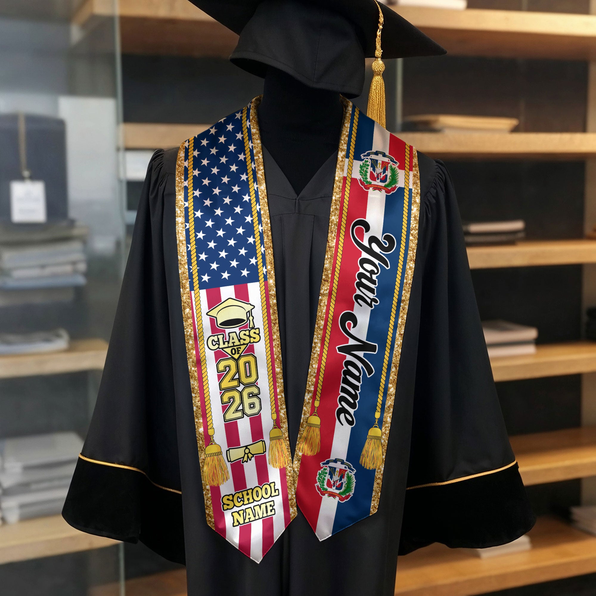 Customized Dominican Republic Graduation Stole with Flag Emblem, Graduation Sash for Class of 2026