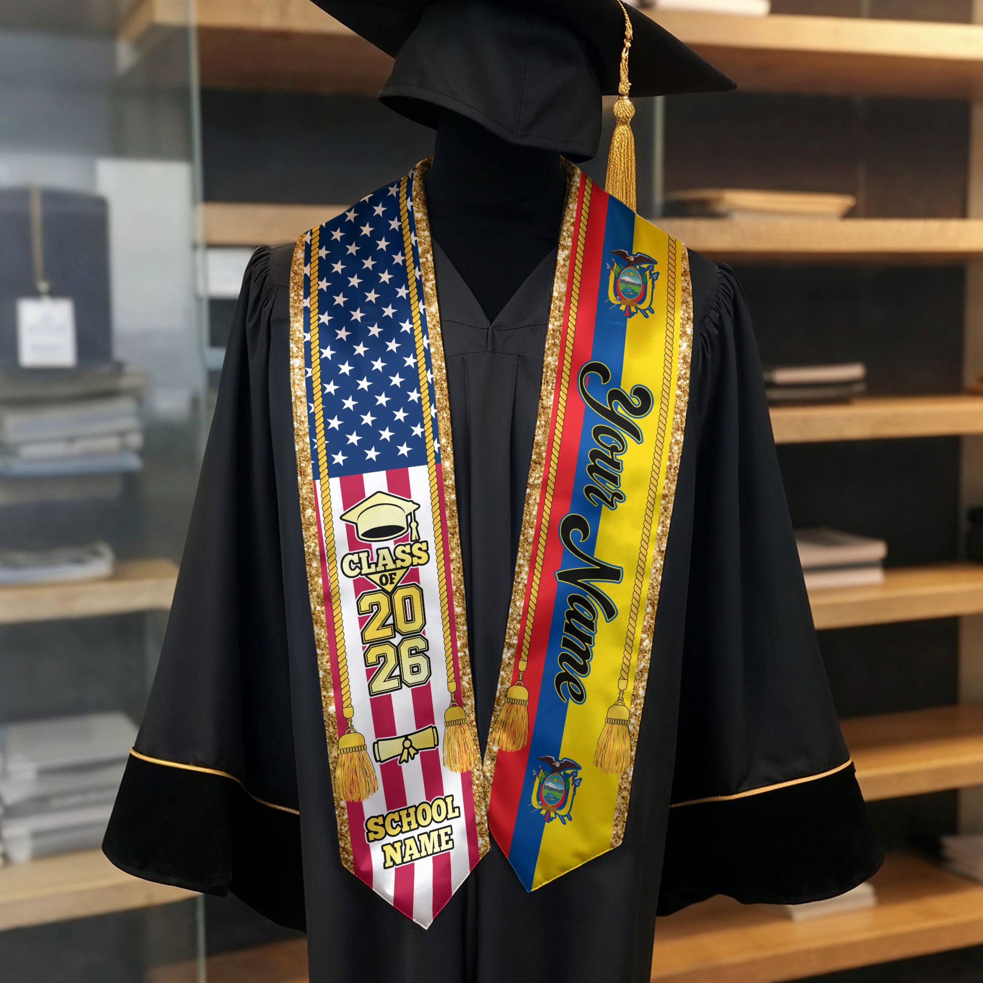 Customized Ecuador Graduation Stole with Ecuadorian Flag Emblem, Graduation Sash for Class of 2026