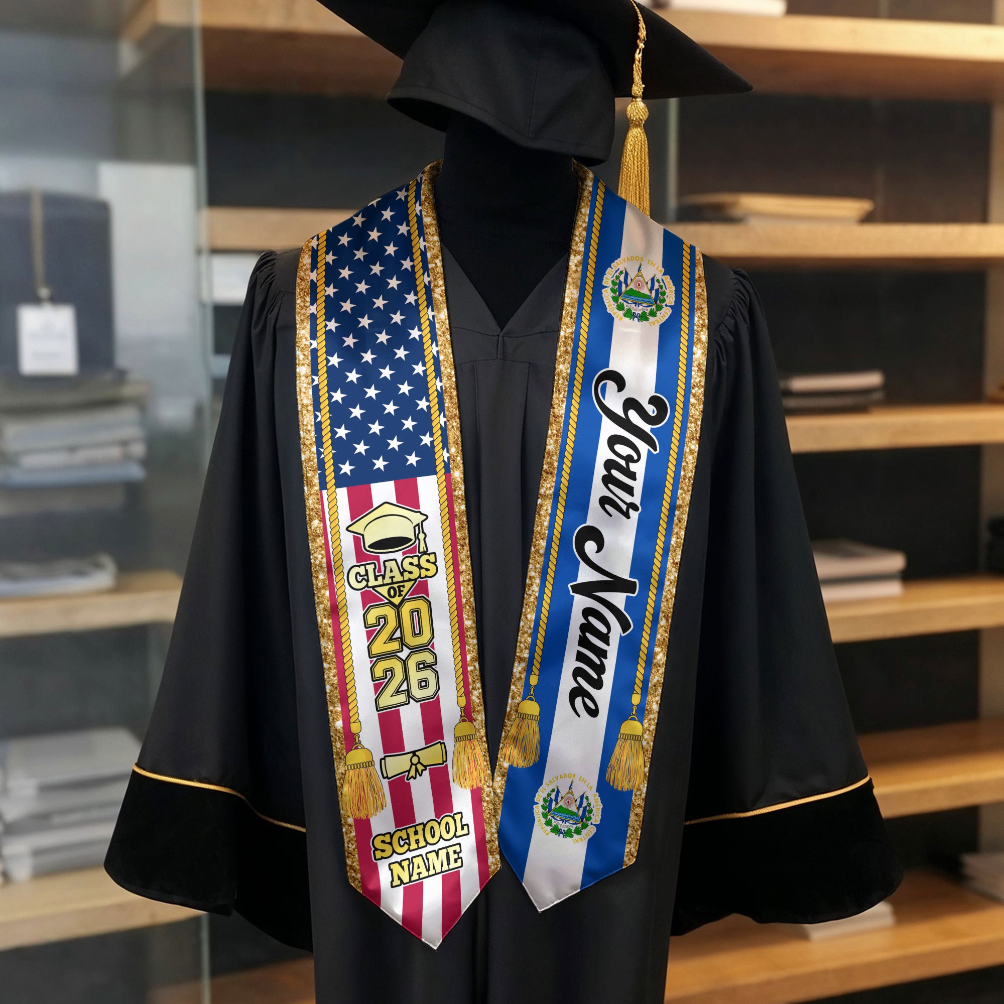 Customized El Salvador Graduation Stole with Salvadoran Flag Emblem, Graduation Sash for Class of 2026