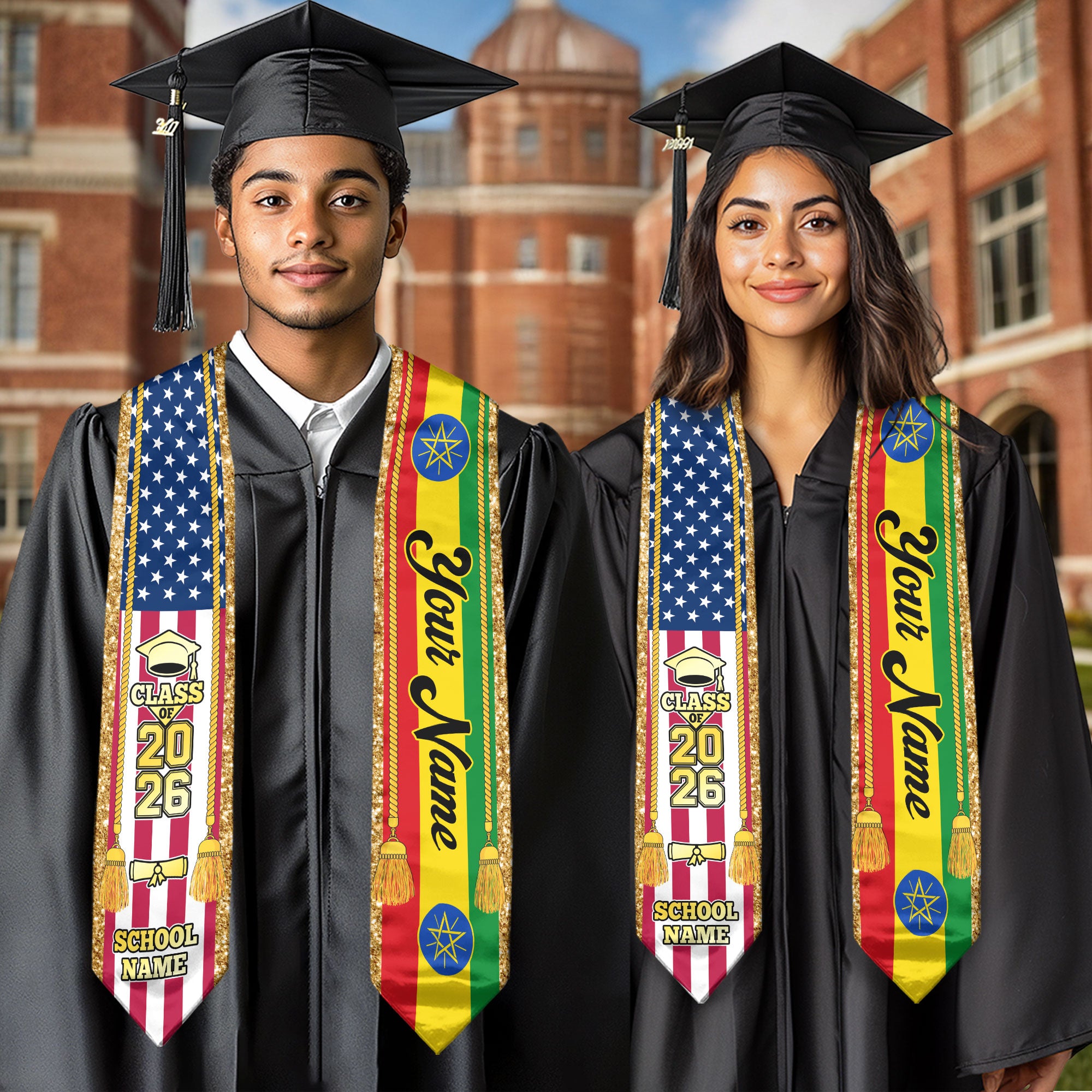 Customized Ethiopia Graduation Stole with Ethiopian Flag Emblem, Graduation Sash for Class of 2026