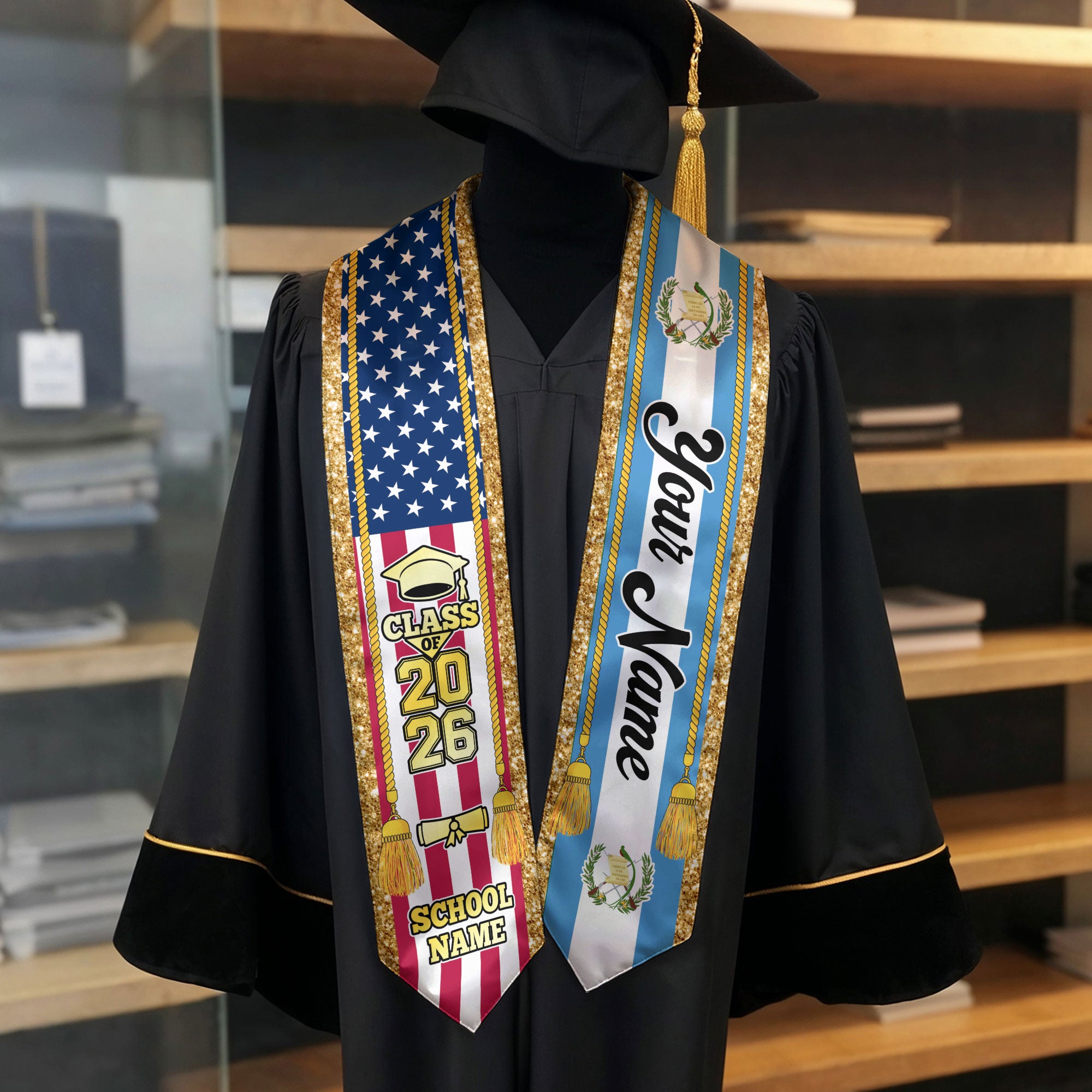 Customized Guatemala Graduation Stole with Guatemalan Flag Emblem, Graduation Sash for Class of 2026
