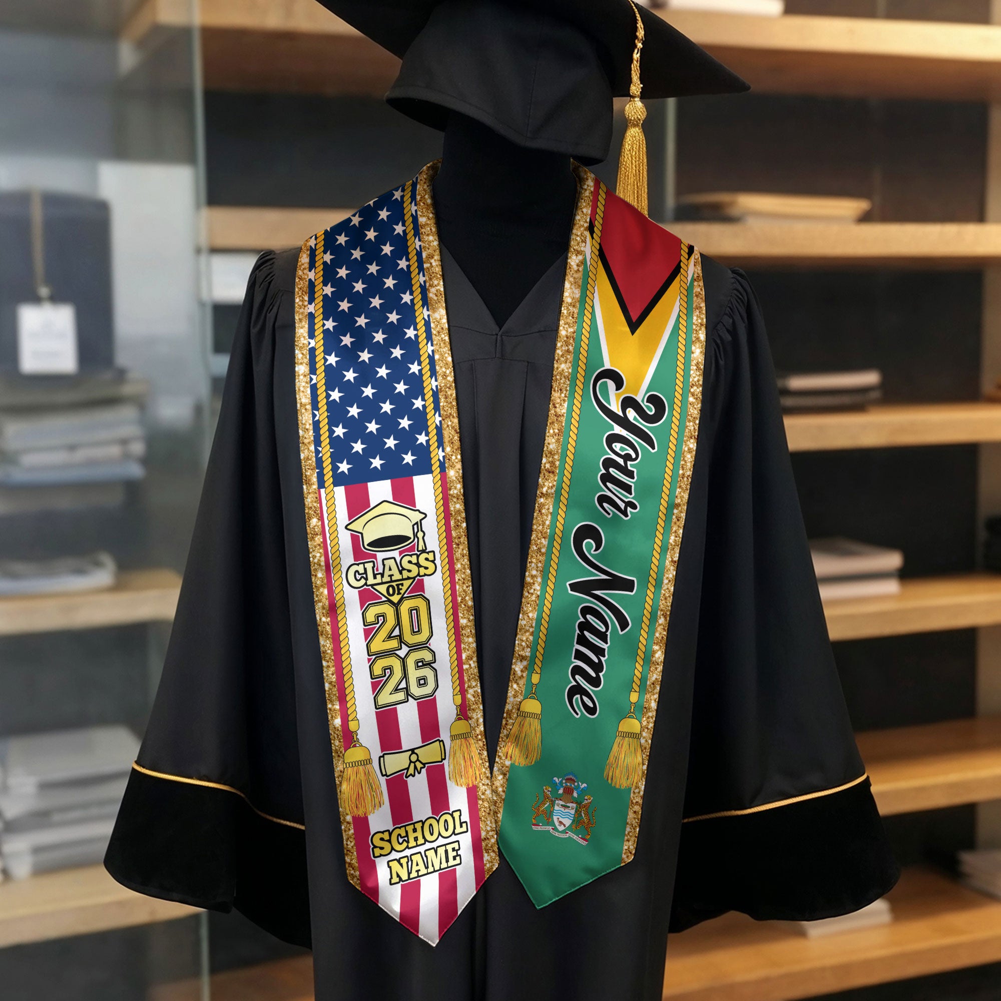 Customized Guyana Graduation Stole with Guyanese Flag Emblem, Graduation Sash for Class of 2026