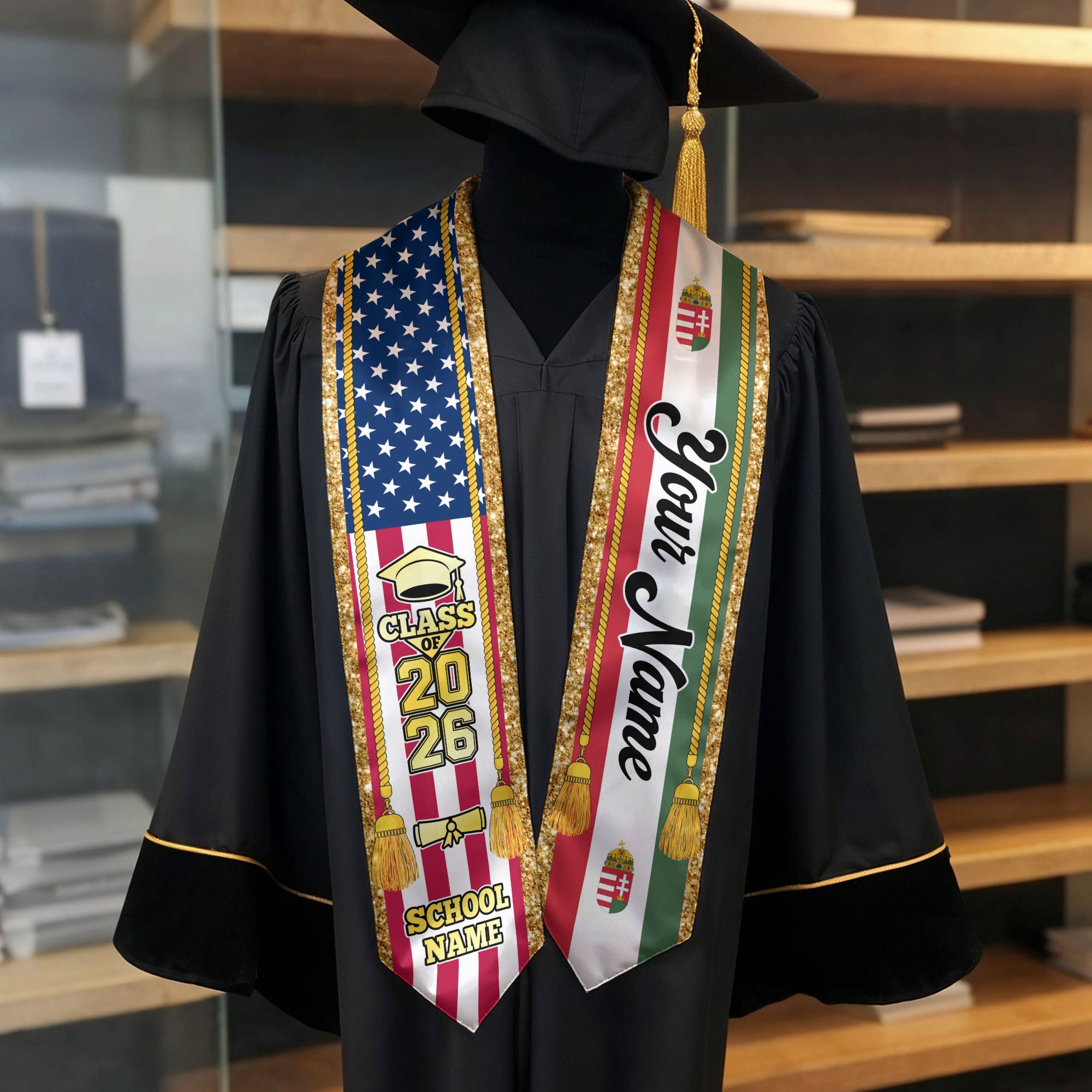 Customized Hungary Graduation Stole with Hungarian Flag Emblem, Graduation Sash for Class of 2026