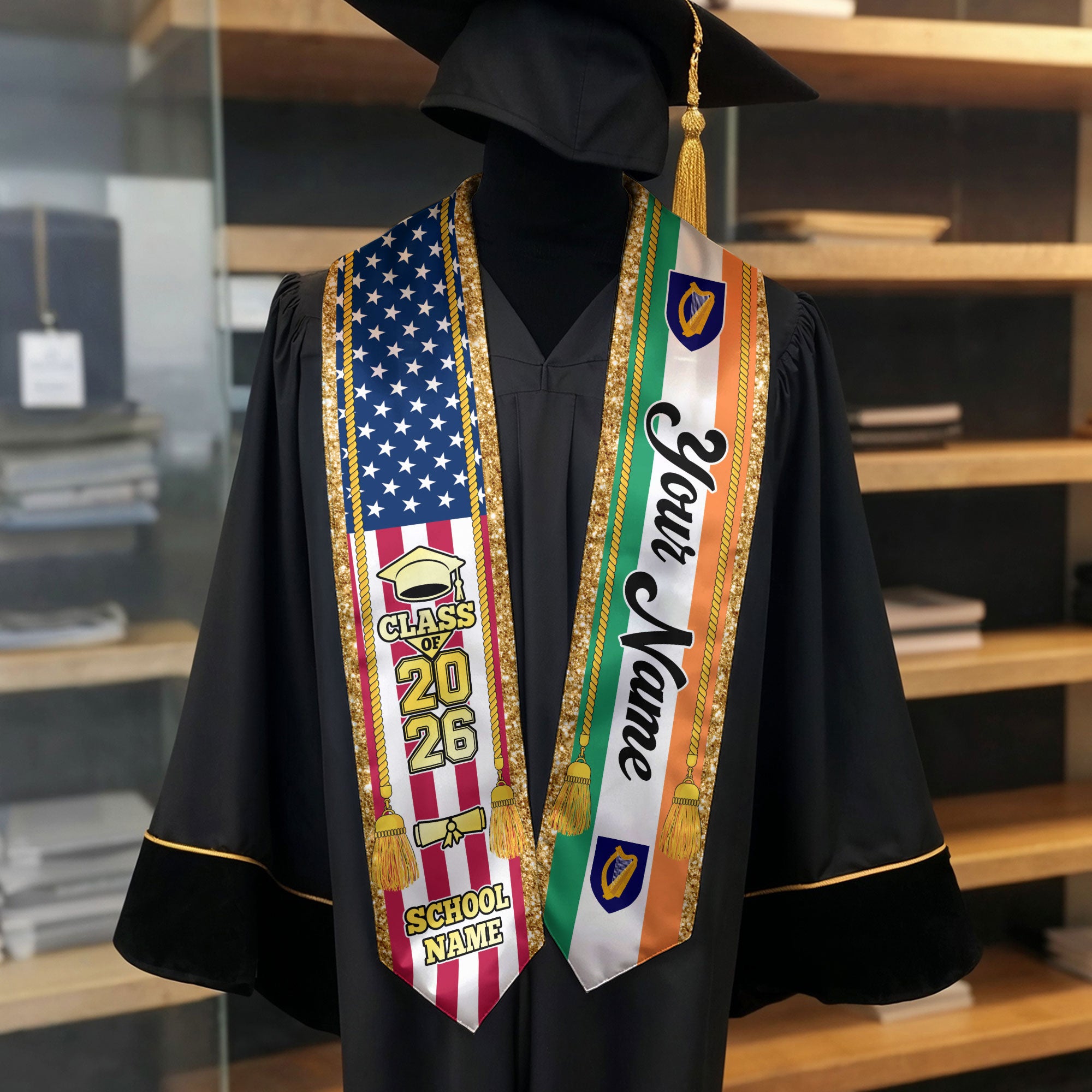Customized Ireland Graduation Stole with Irish Flag Emblem, Graduation Sash for Class of 2026