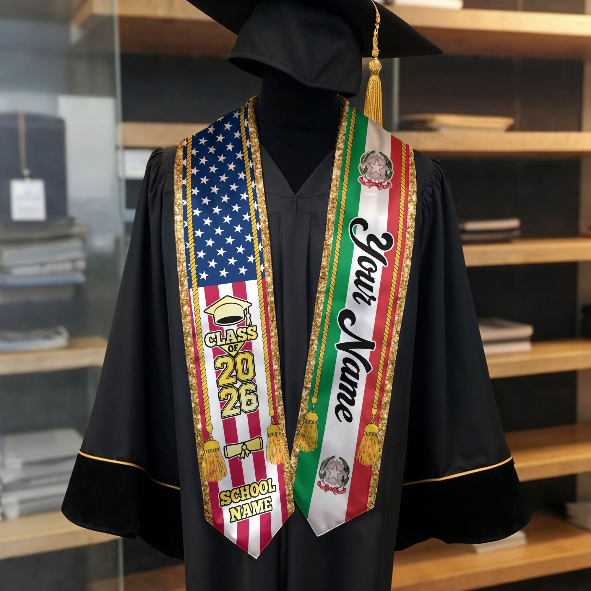 Customized Italy Graduation Stole with Italian Flag Emblem, Graduation Sash for Class of 2026