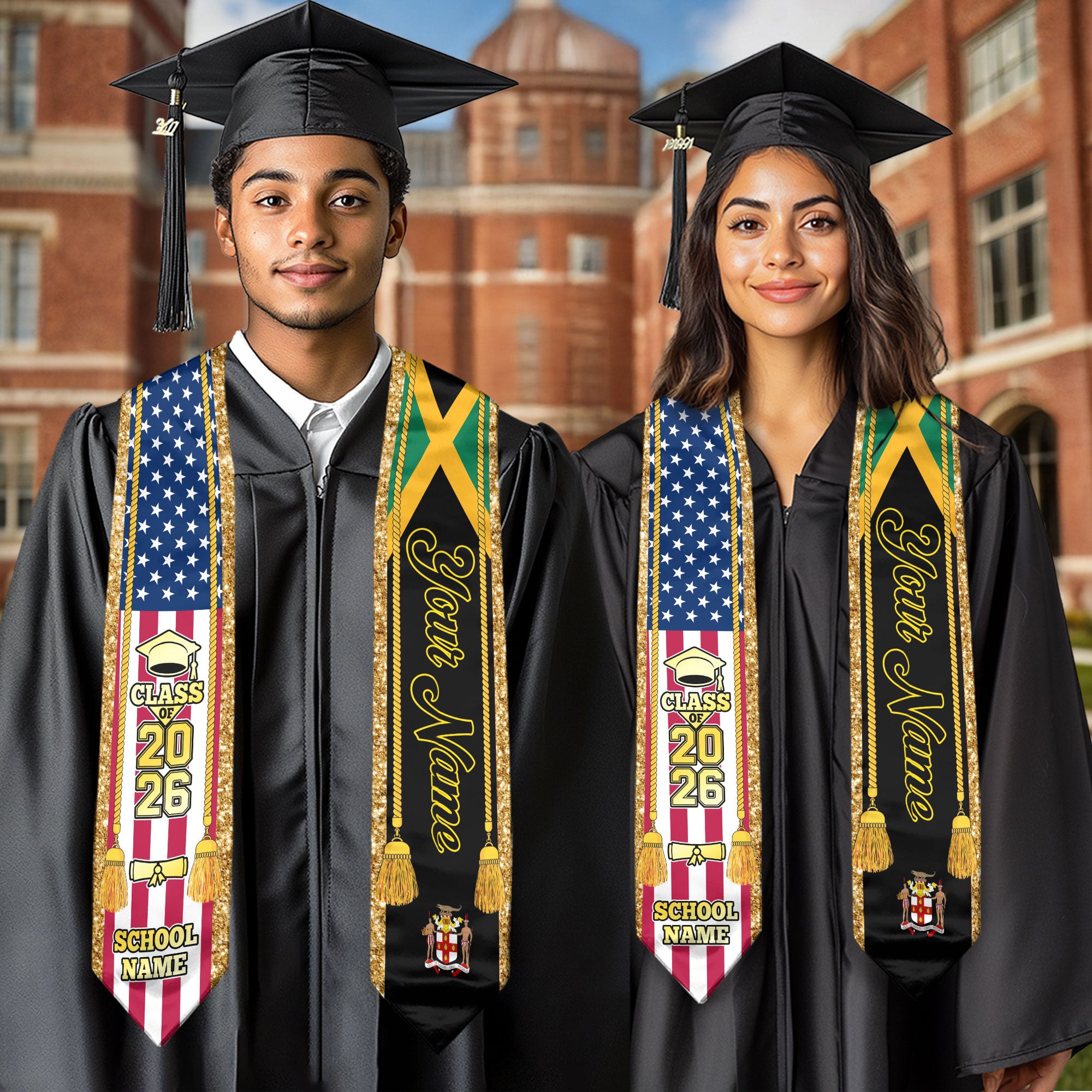 Customized Jamaica Graduation Stole with Jamaican Flag Emblem, Graduation Sash for Class of 2026