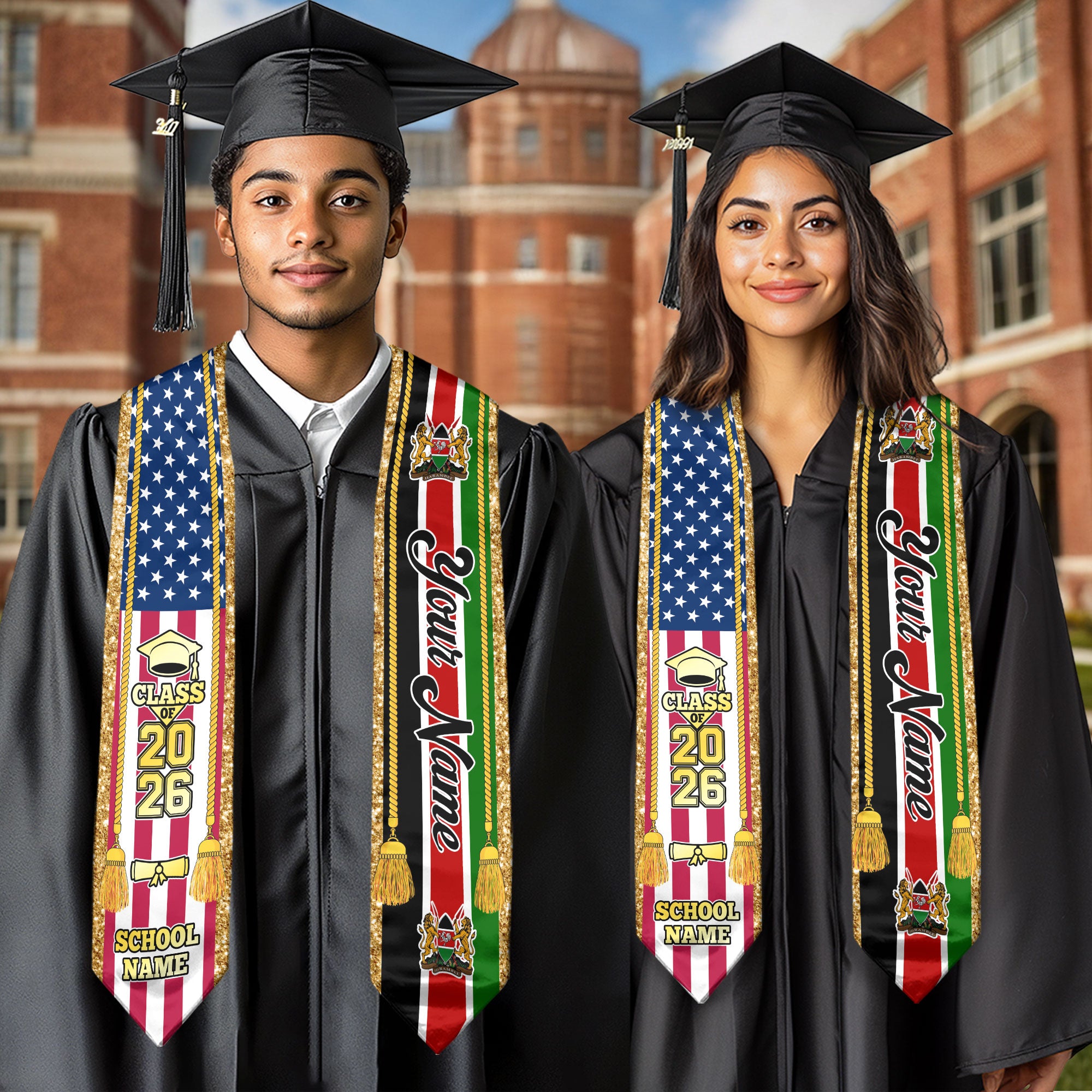 Customized Kenya Graduation Stole with Kenyan Flag Emblem, Graduation Sash for Class of 2026