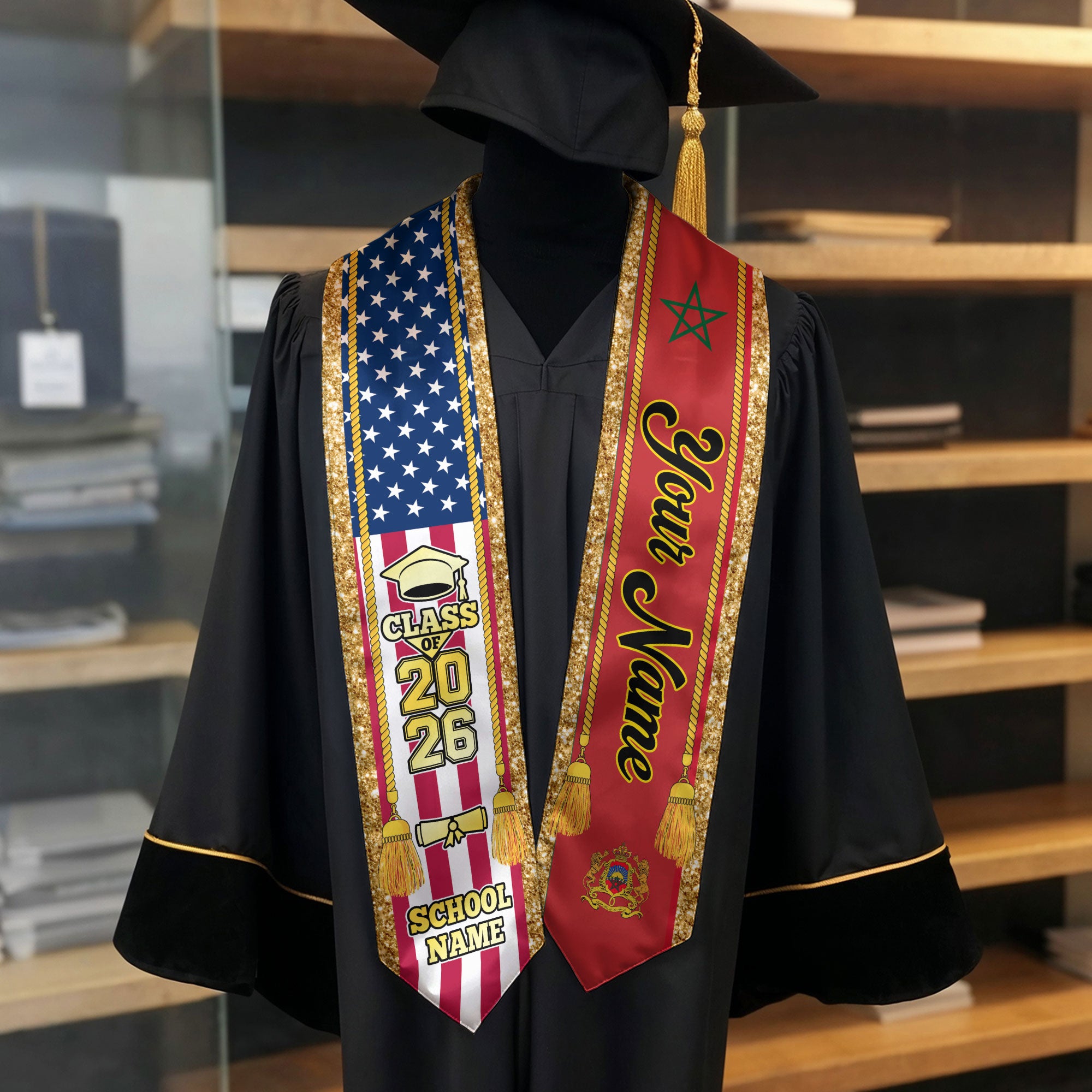 Customized Morocco Graduation Stole with Moroccan Flag Emblem, Graduation Sash for Class of 2026