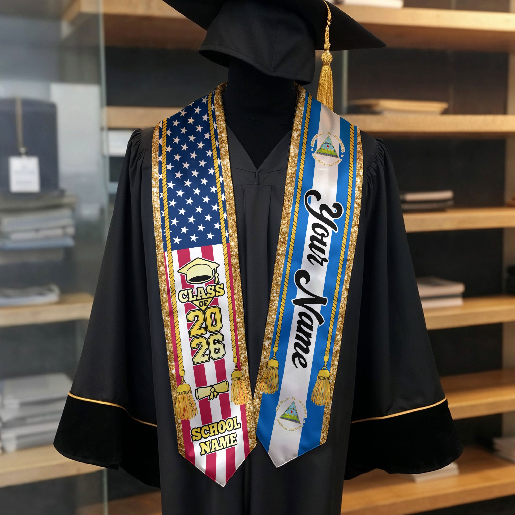 Customized Nicaragua Graduation Stole with Nicaraguan Flag Emblem, Graduation Sash for Class of 2026