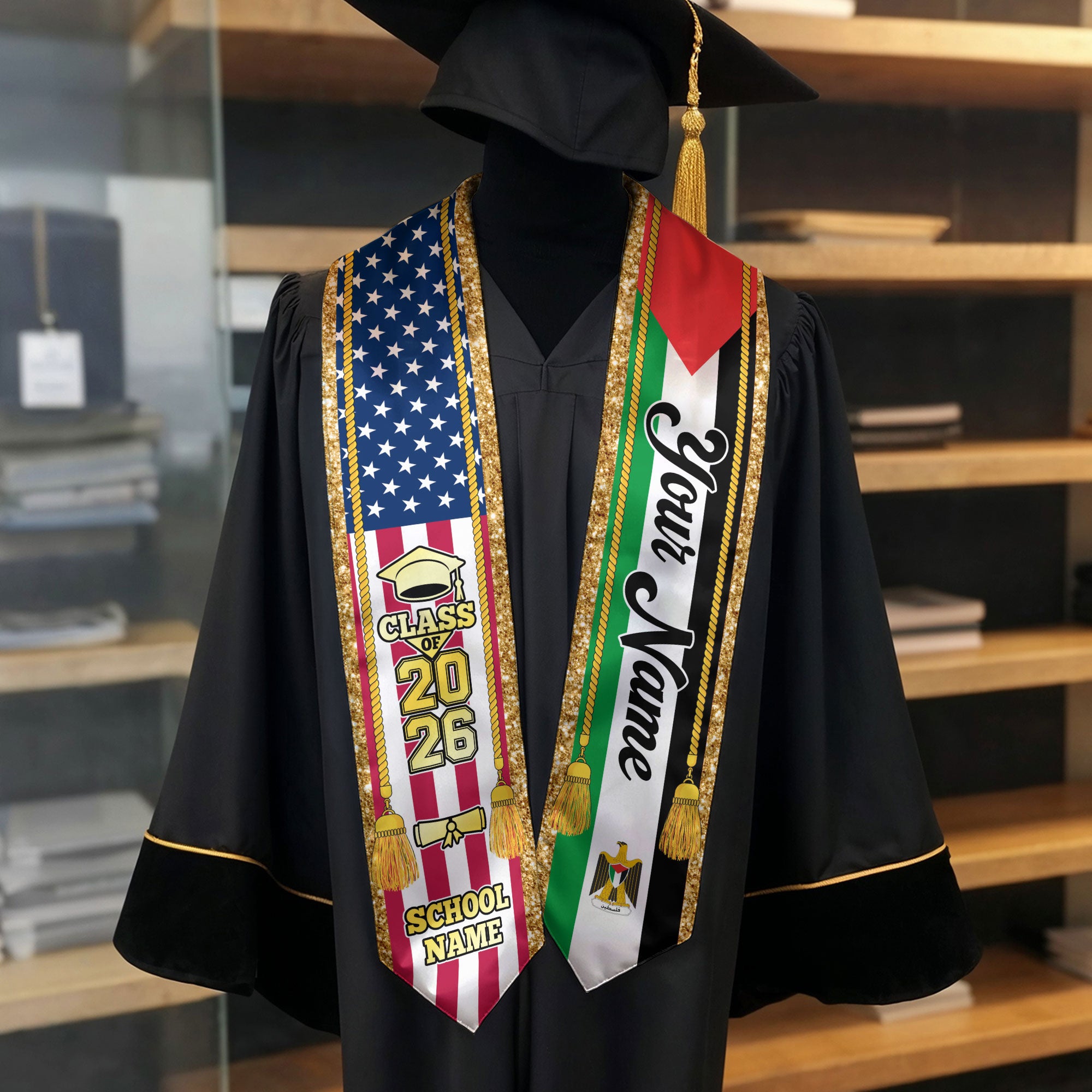 Customized Palestine Graduation Stole with Palestinian Flag Emblem, Graduation Sash for Class of 2026