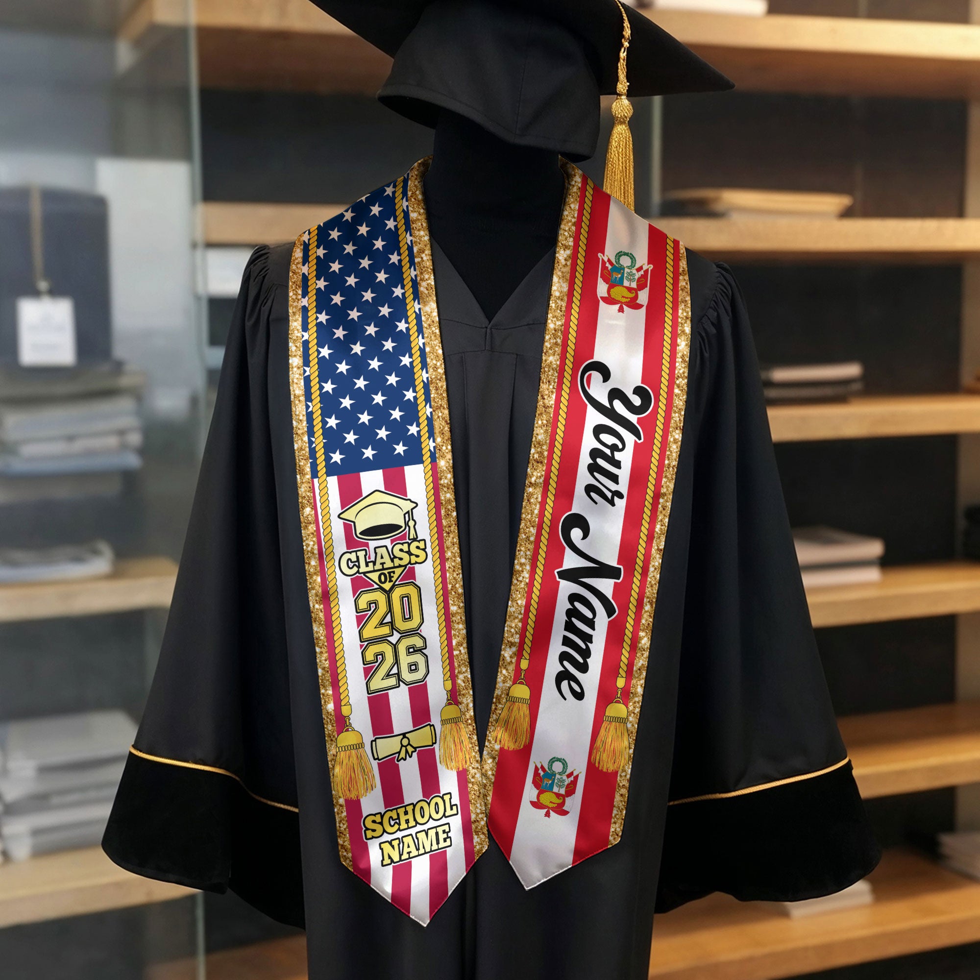 Customized Peru Graduation Stole with Peruvian Flag Emblem, Graduation Sash for Class of 2026