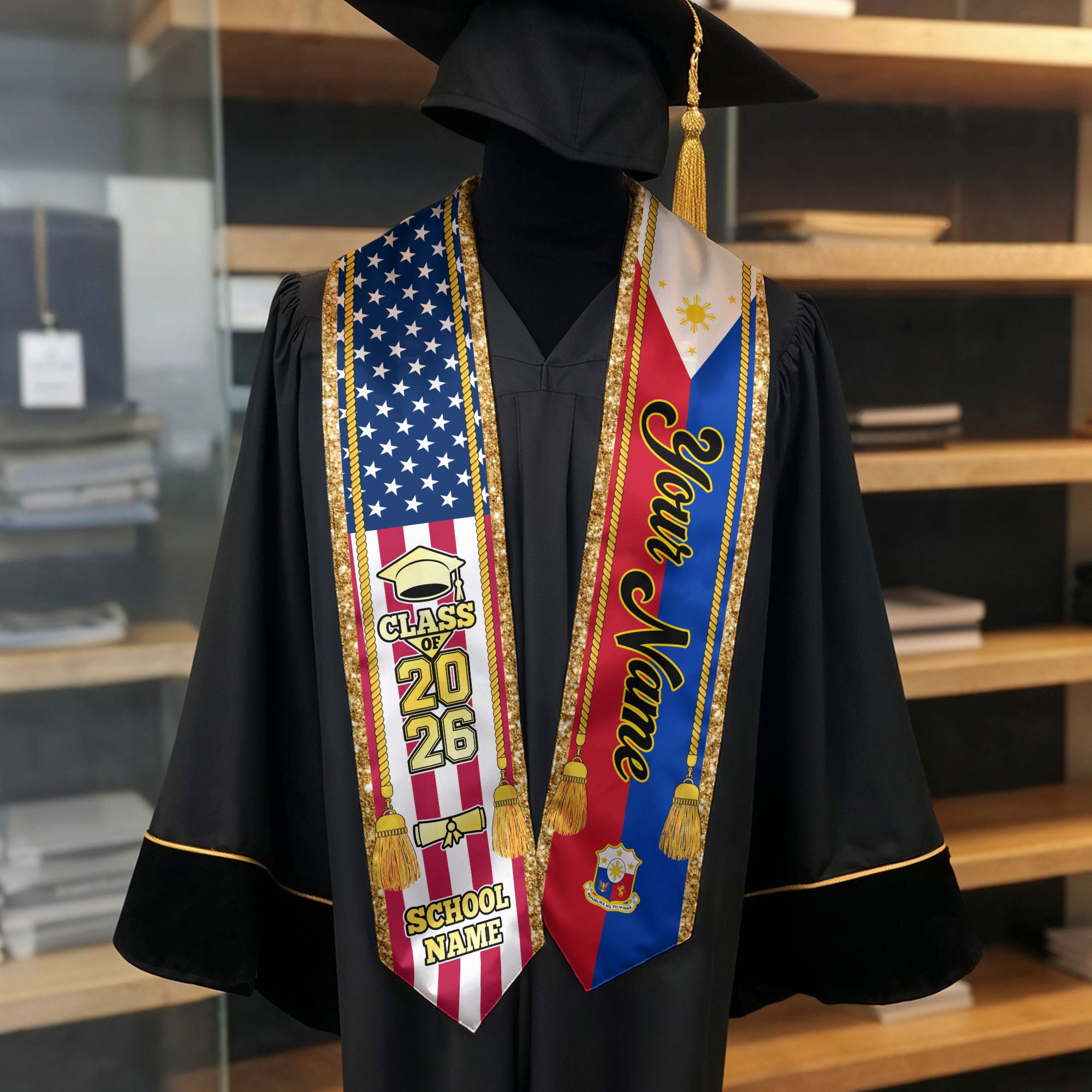 Customized Philippines Graduation Stole with Filipino Flag Emblem, Graduation Sash for Class of 2026