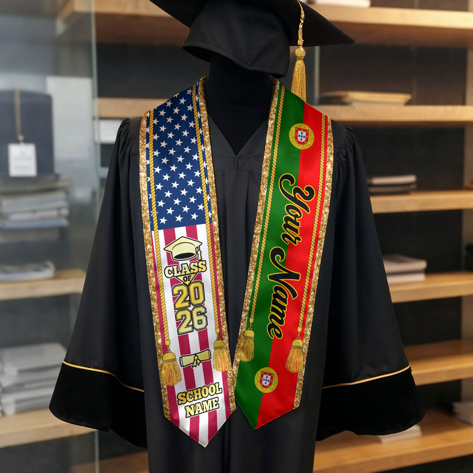 Customized Portugal Graduation Stole with Portuguese Flag Emblem, Graduation Sash for Class of 2026