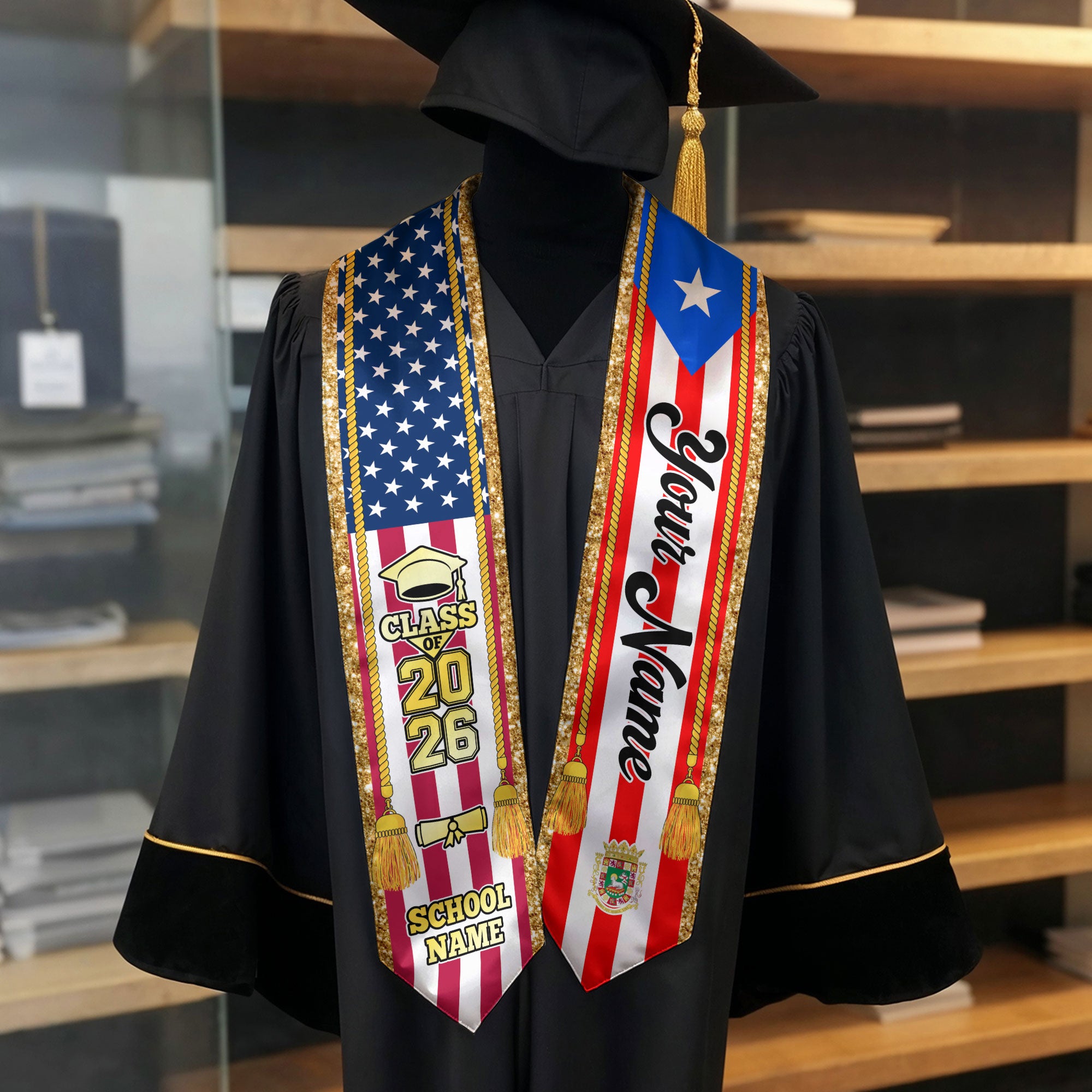 Customized Puerto Rico Graduation Stole with Puerto Rican Flag Emblem, Graduation Sash for Class of 2026