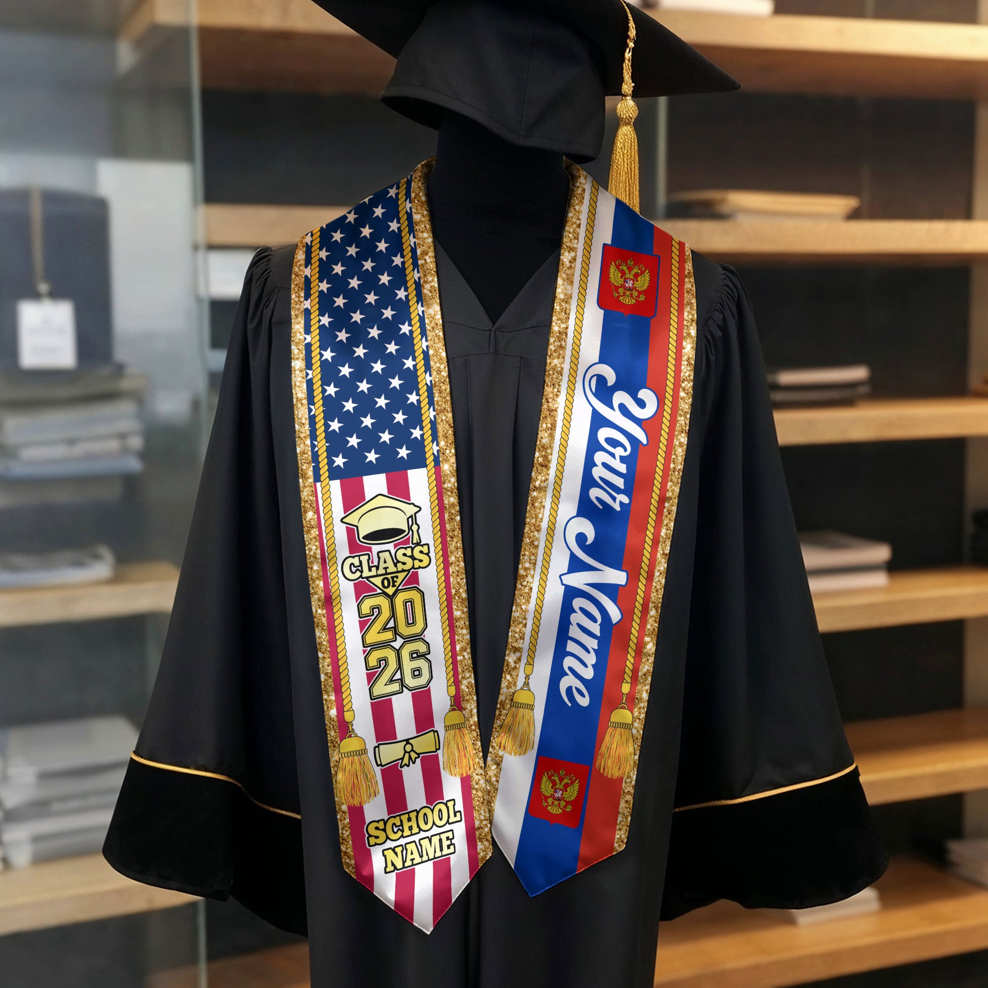 Customized Russia Graduation Stole with Russian Flag Emblem, Graduation Sash for Class of 2026