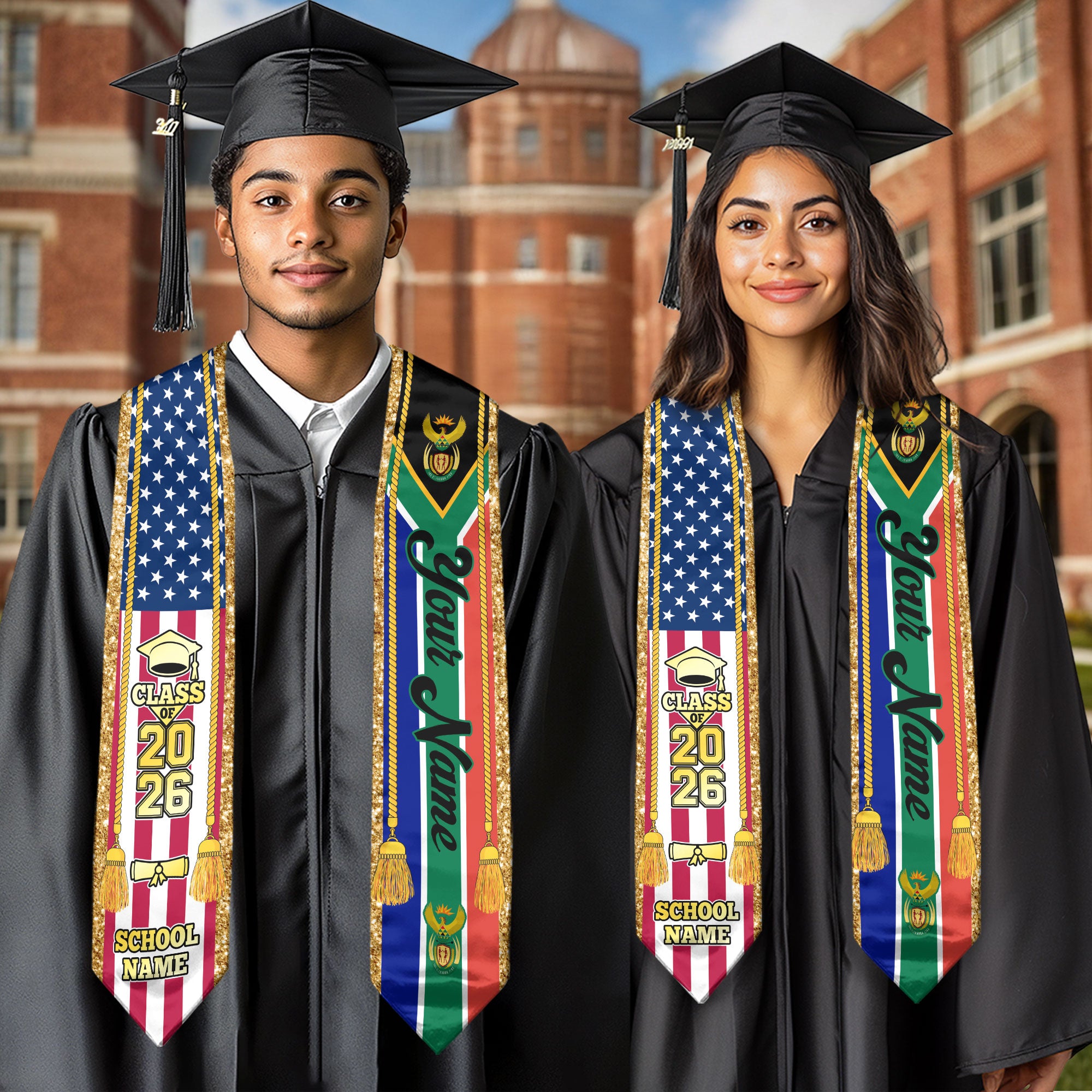 Customized South Africa Graduation Stole with National Flag Emblem, Graduation Sash for Class of 2026