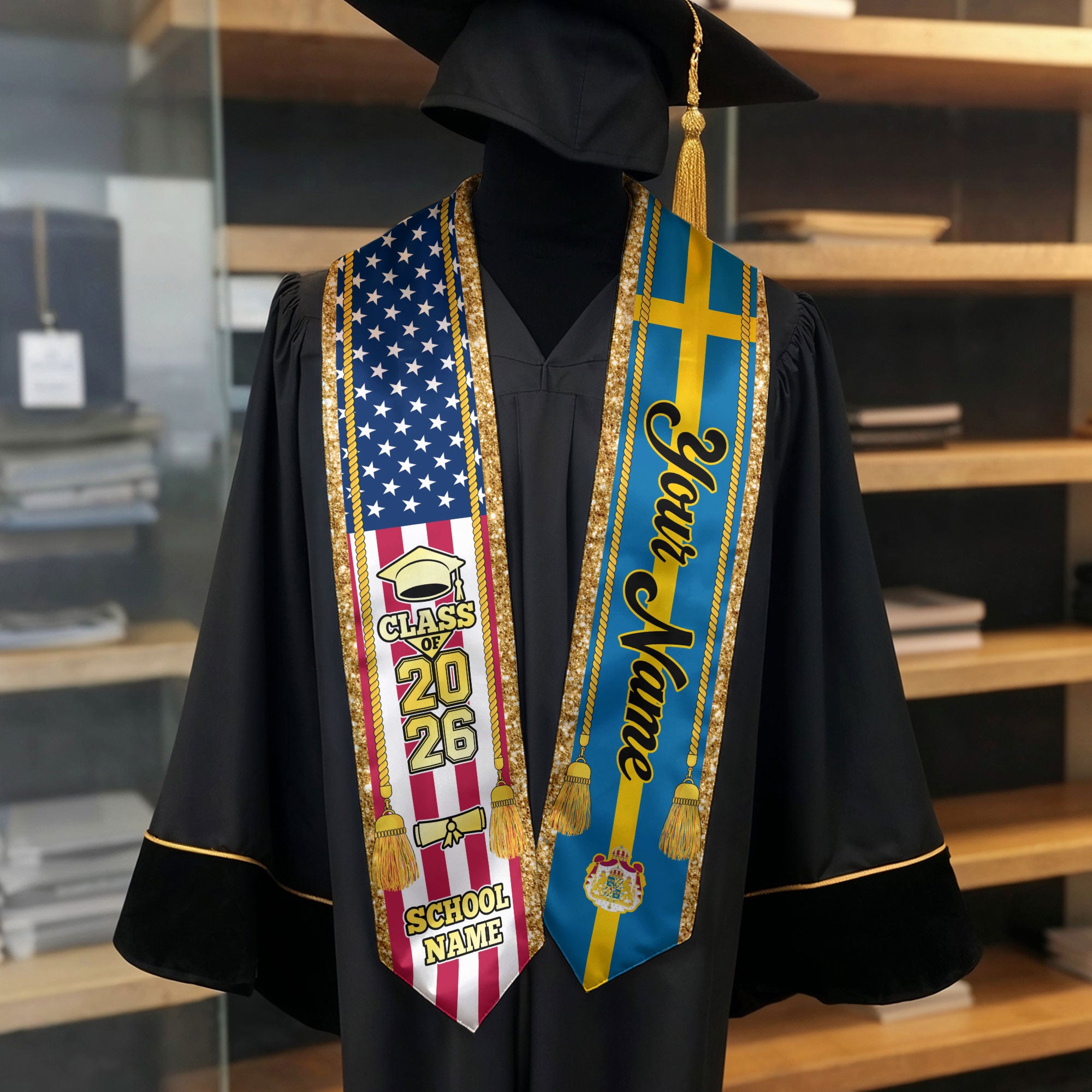 Customized Sweden Graduation Stole with Swedish Flag Emblem, Graduation Sash for Class of 2026