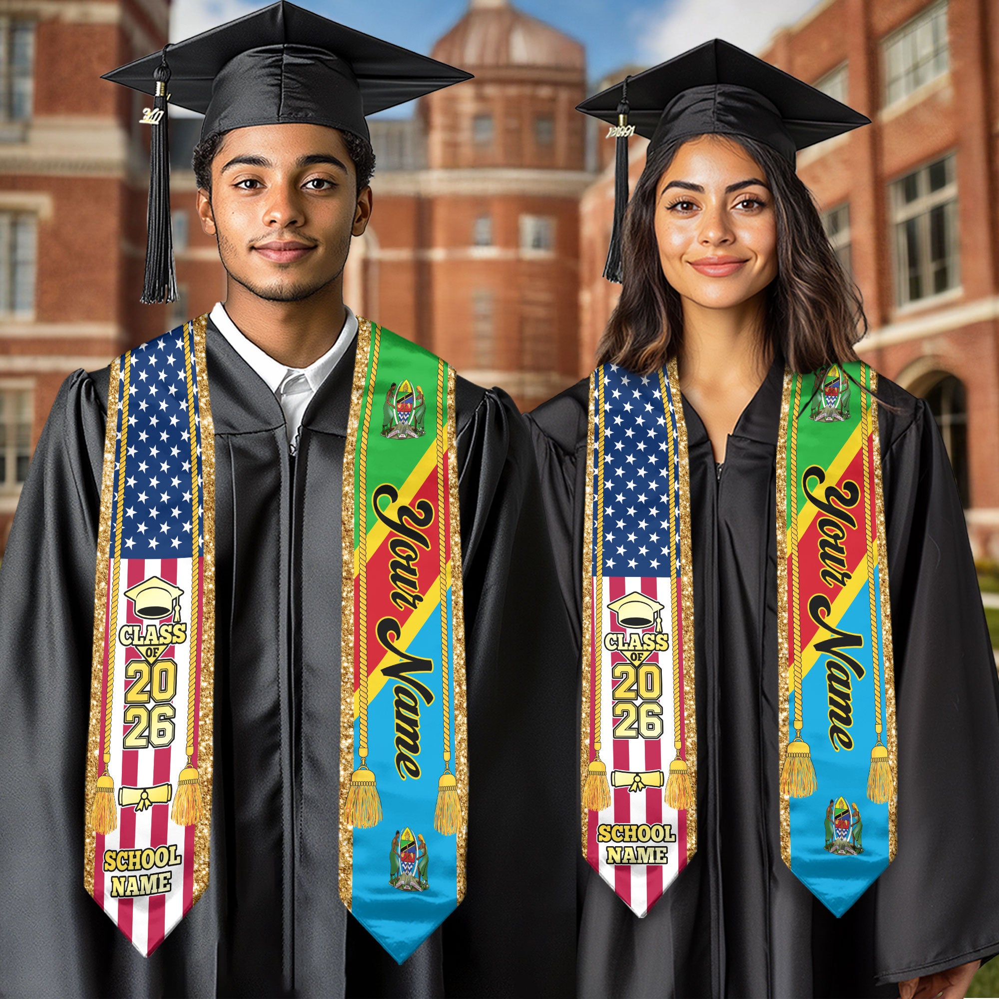 Customized Tanzania Graduation Stole with Tanzanian Flag Emblem, Graduation Sash for Class of 2026