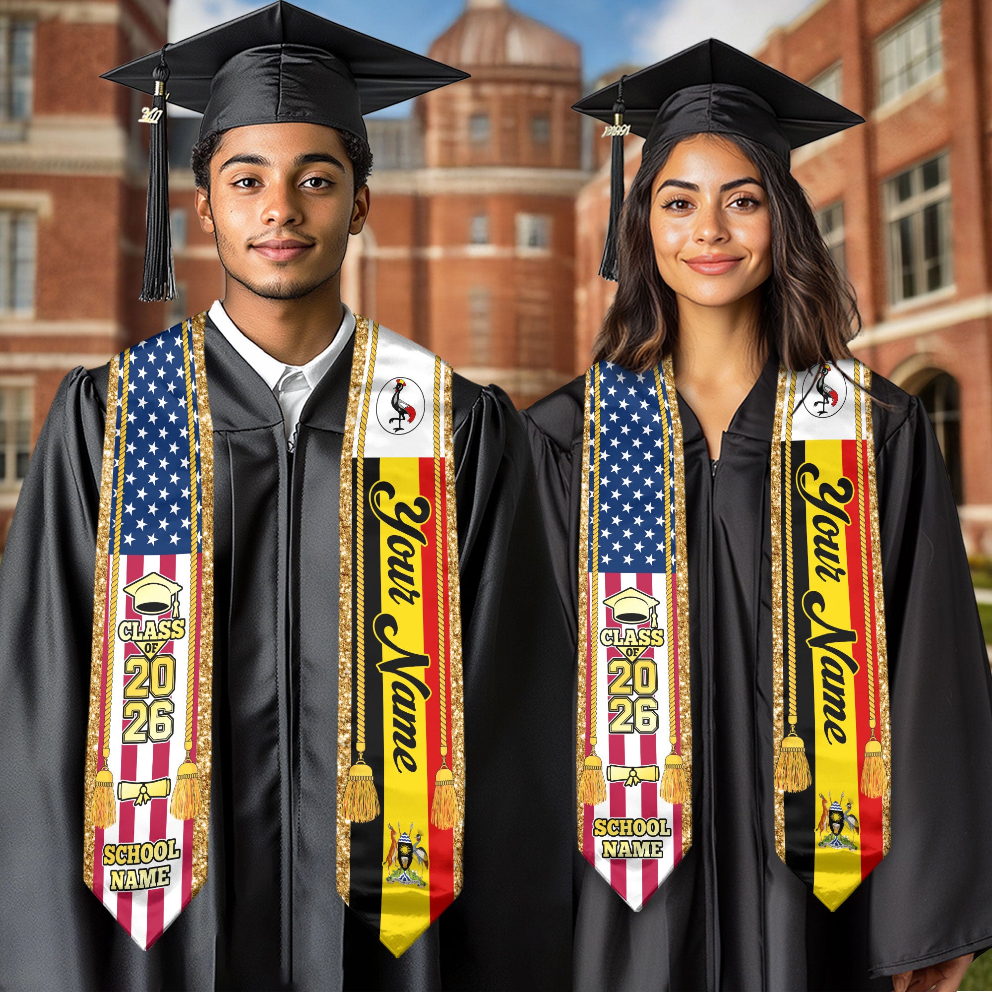 Customized Uganda Graduation Stole with Ugandan Flag Emblem, Graduation Sash for Class of 2026