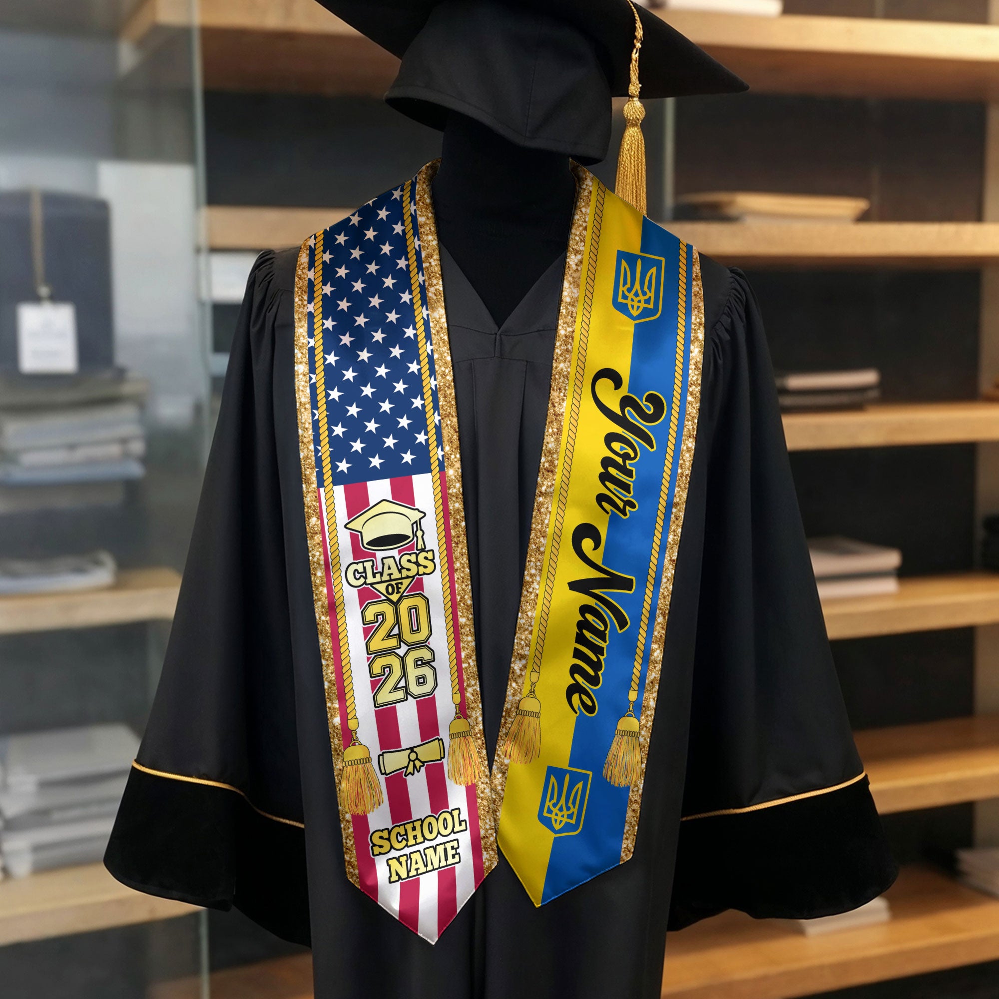 Customized Ukraine Graduation Stole with Ukrainian Flag Emblem, Graduation Sash for Class of 2026