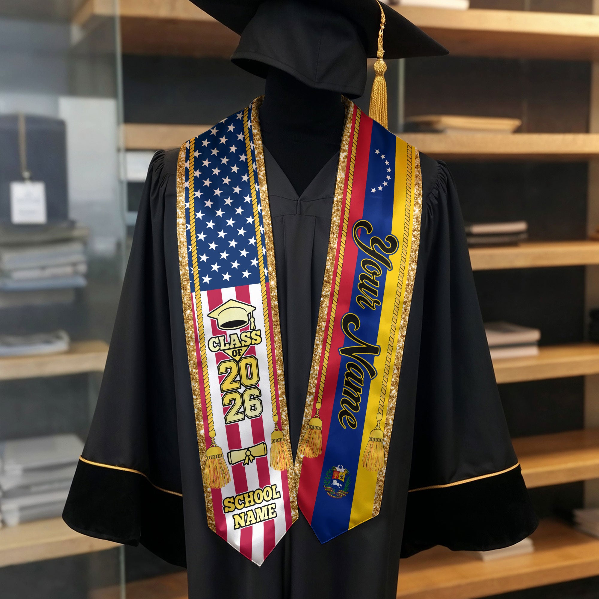 Customized Venezuela Graduation Stole with Venezuelan Flag Emblem, Graduation Sash for Class of 2026