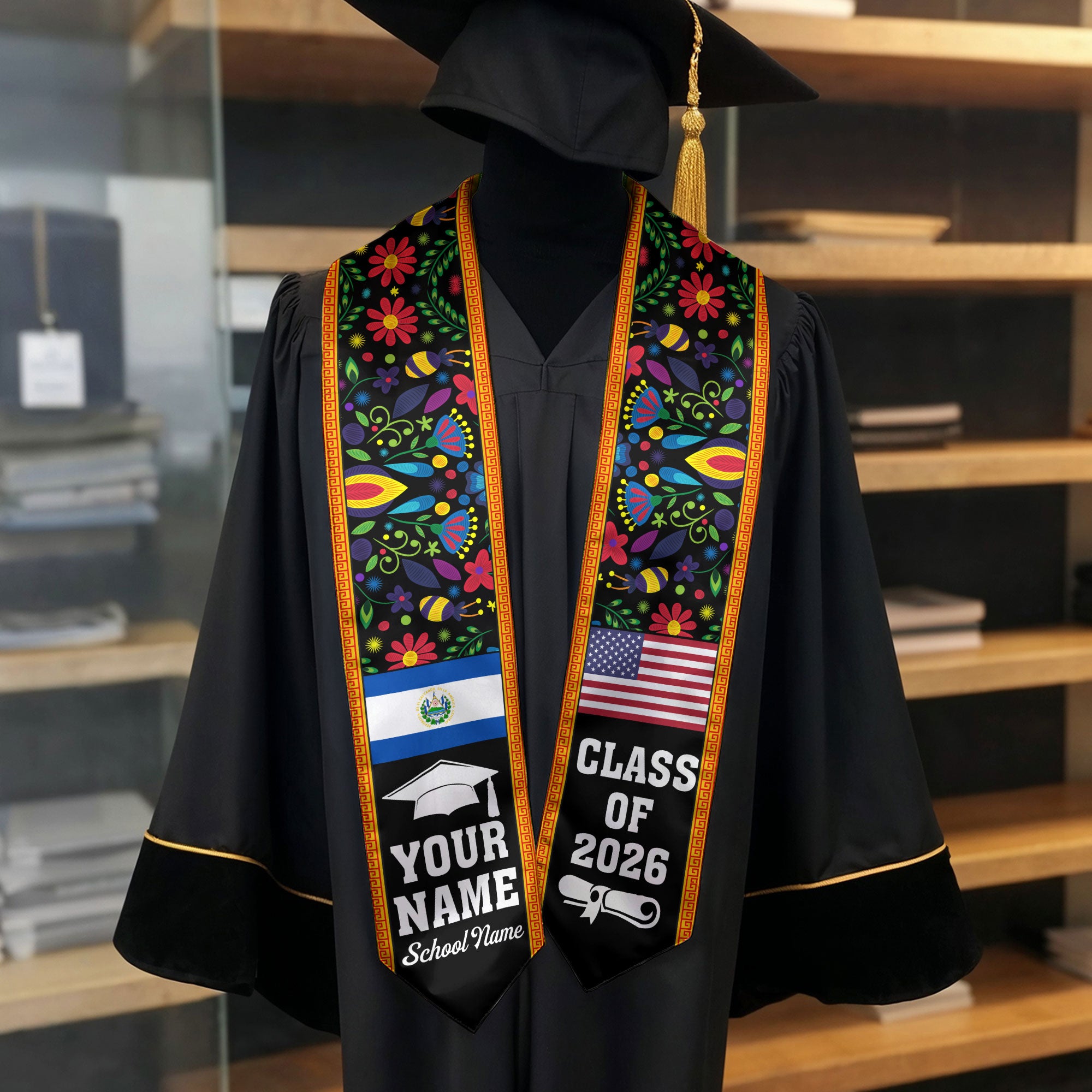 El Salvador Graduation Stole 2026, Salvadoran Flag Sash, Personal Detail Option