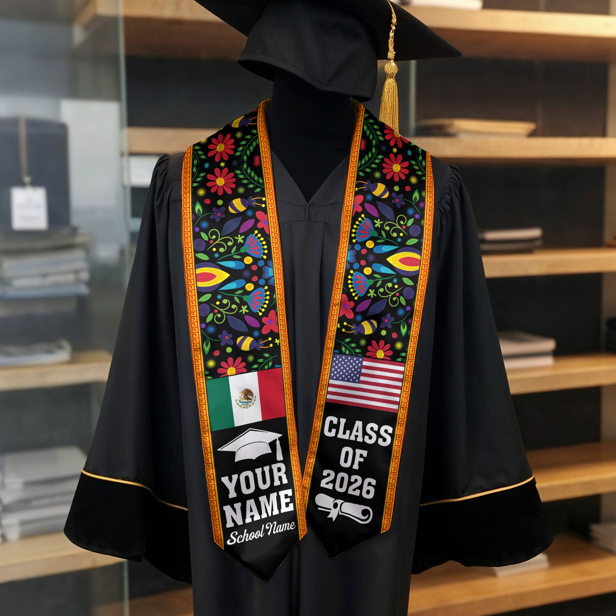 Mexico Flag Graduation Sash 2026, Mexican Stole, Add Personalized Detail for Senior Day