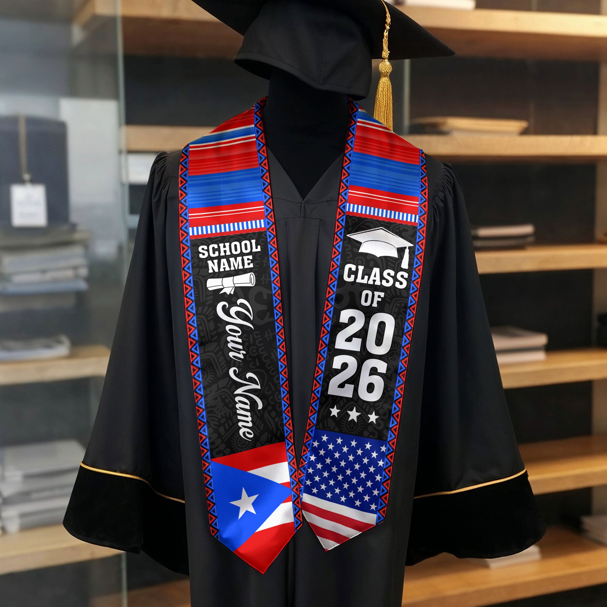2026 Puerto Rico Flag Graduation Stole, Puerto Rican Sash, Add Your Detail