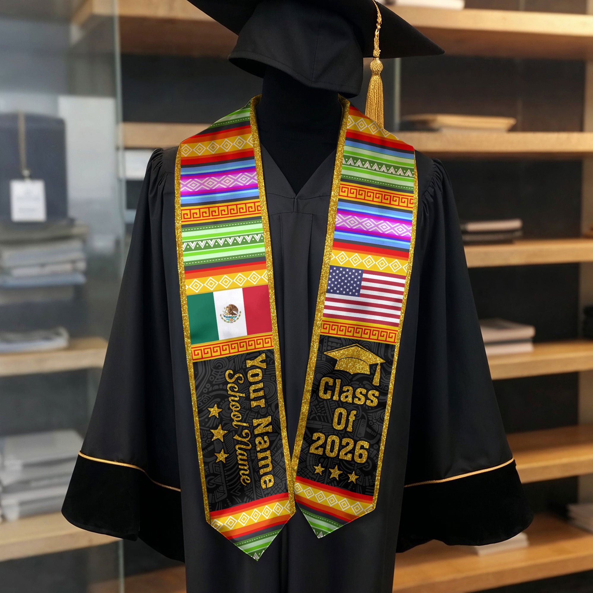 2026 Mexican Graduation Stole, Mexico Flag Sash, Personal Detail Option for Cap & Gown