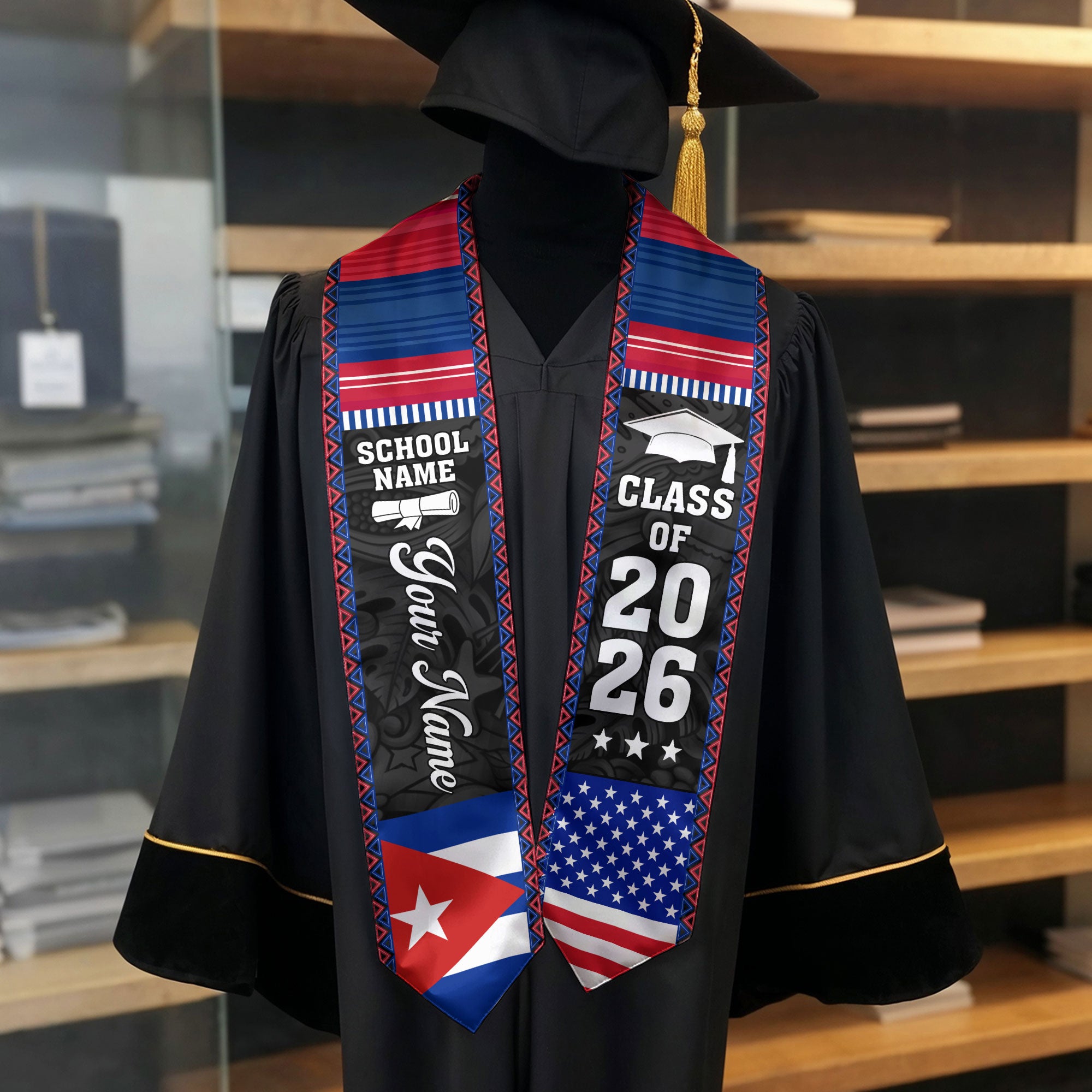 2026 Cuba Flag Graduation Stole, Cuban Sash, Personalization Option