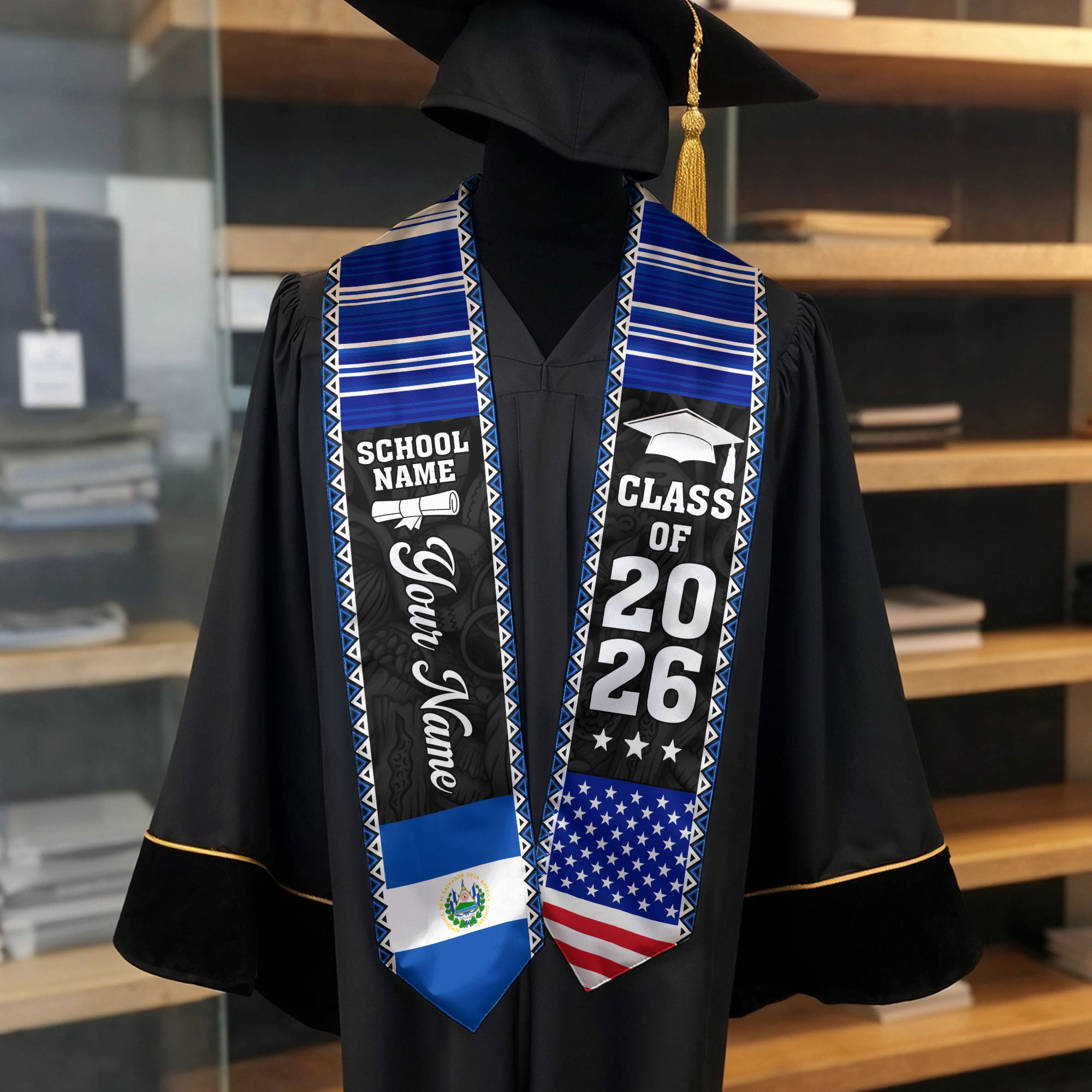2026 El Salvador Flag Graduation Sash, El Salvador Stole, Add Custom Detail