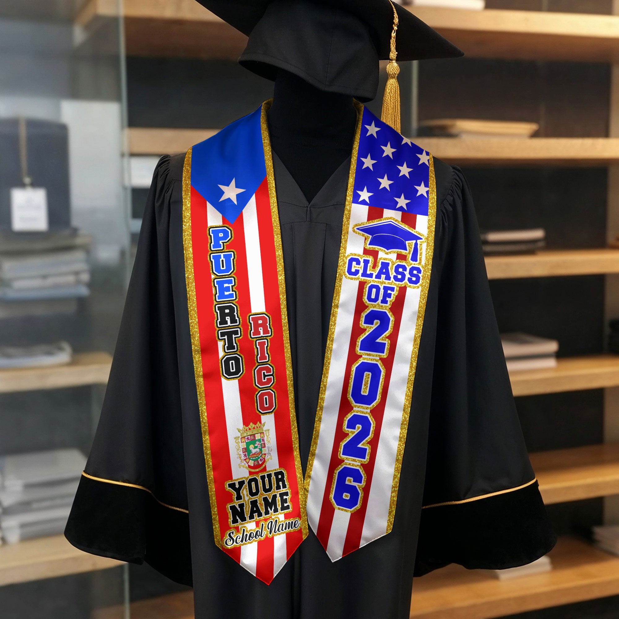 Puerto Rico Flag Graduation Sash 2026, Personalized Stole, Customizable Detail