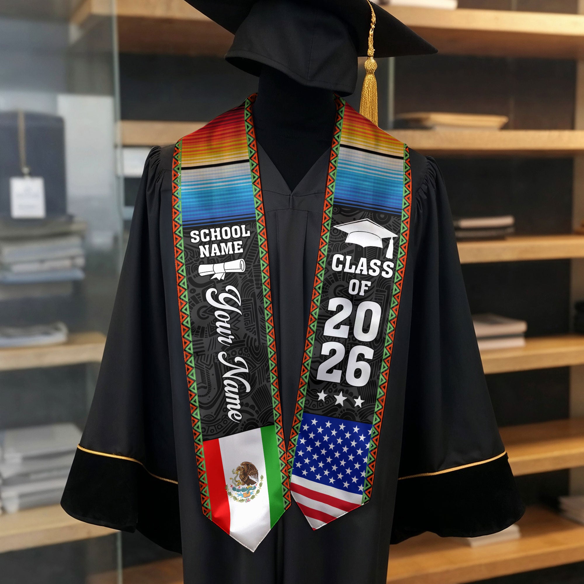 Mexican Flag Stole 2026, Mexico Graduation Sash, Optional Personalized Detail for Pictures