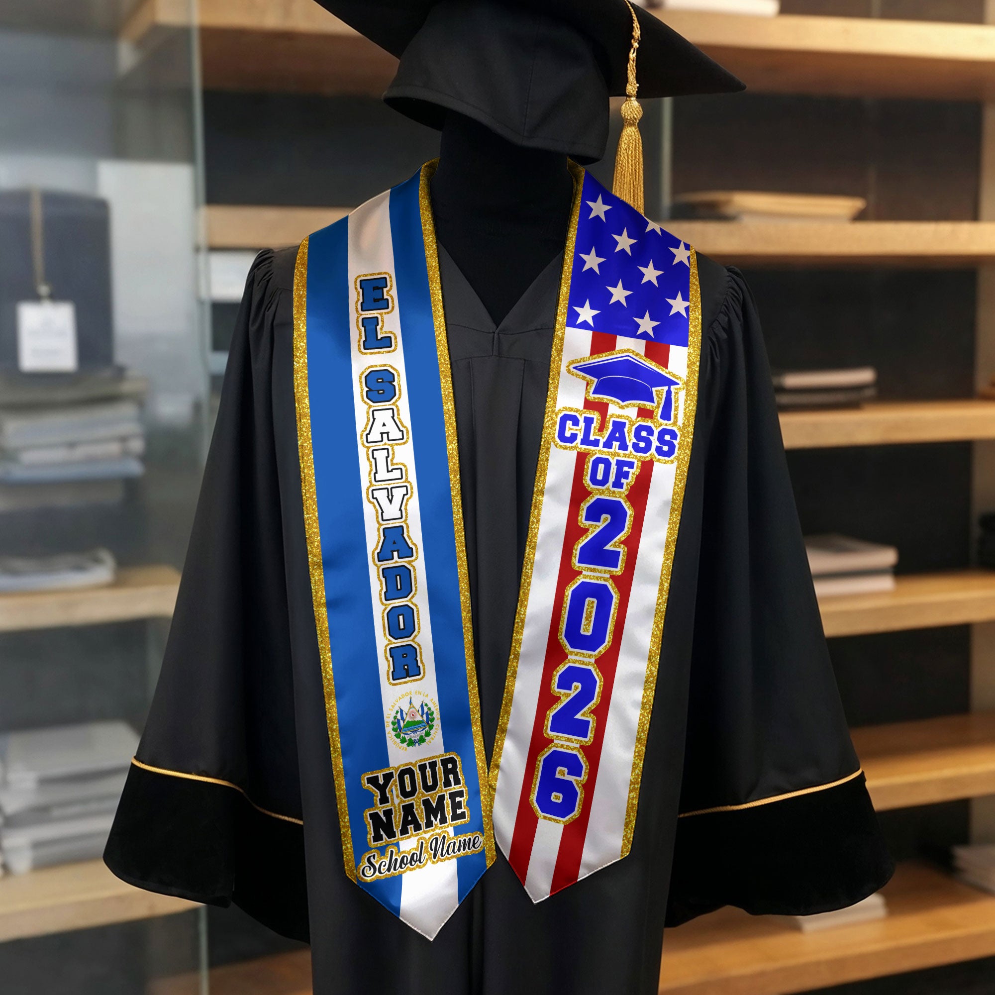 El Salvador Flag Graduation Sash 2026, Personalized Stole, Custom Detail