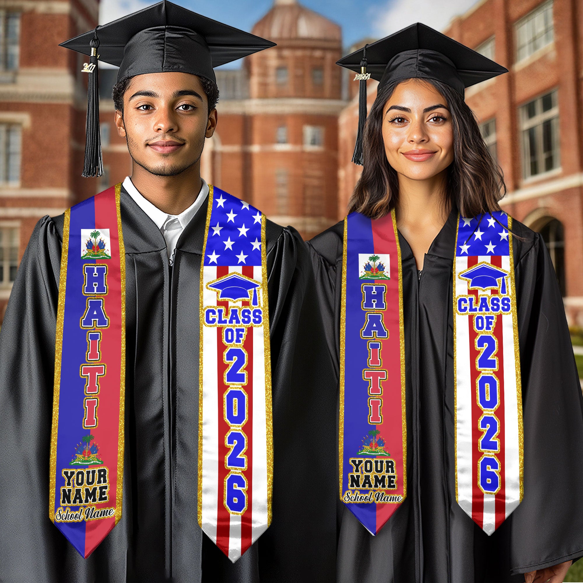 Haiti Flag Graduation Stole 2026, Haitian Sash, Personalized Detail