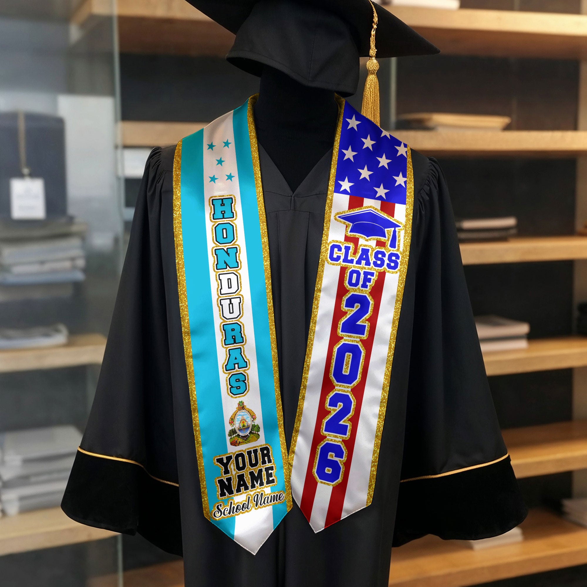 Honduras Flag Graduation Stole 2026, Honduran Sash, Customizable Detail