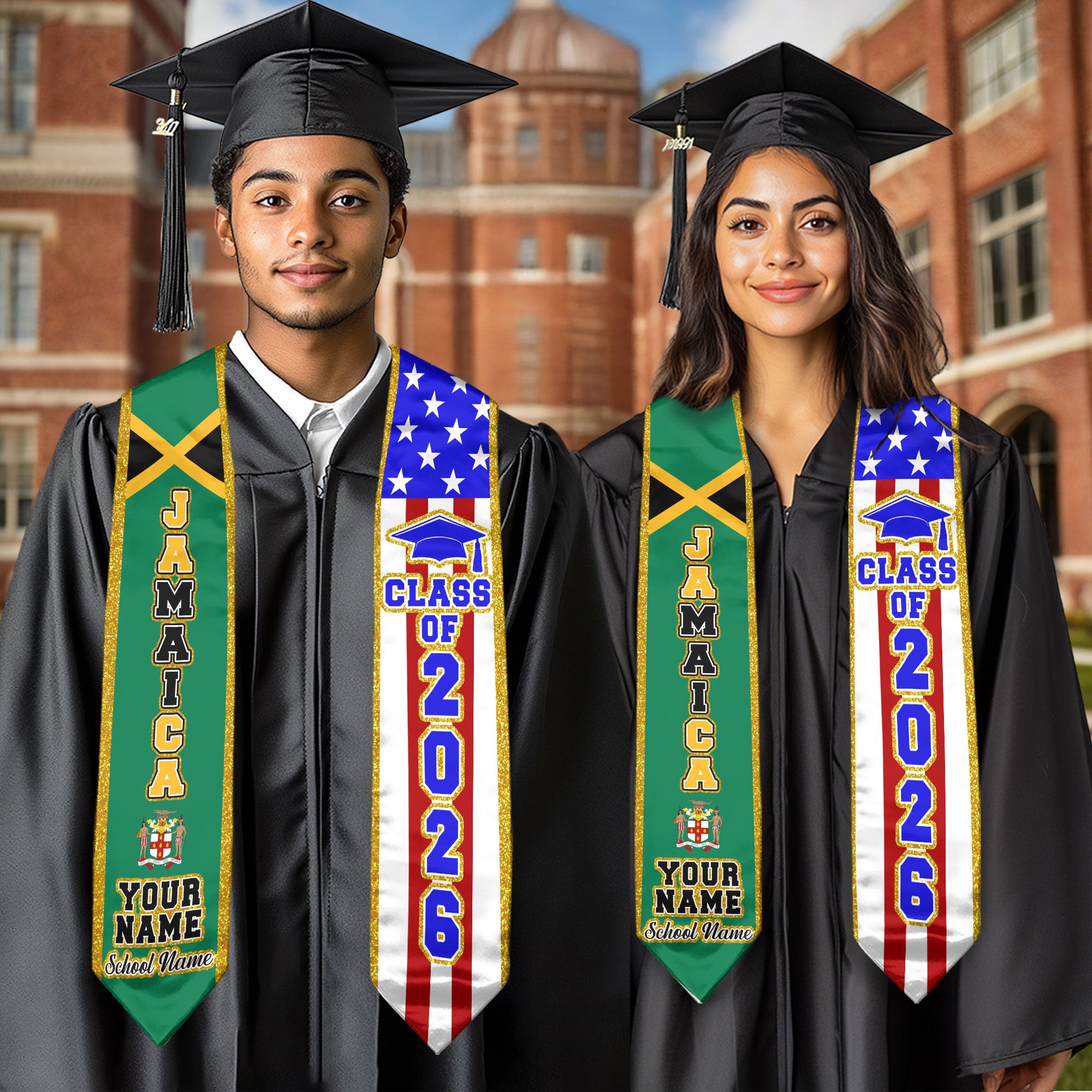 Jamaica Flag Graduation Stole 2026, Jamaican Sash, Personalized Detail