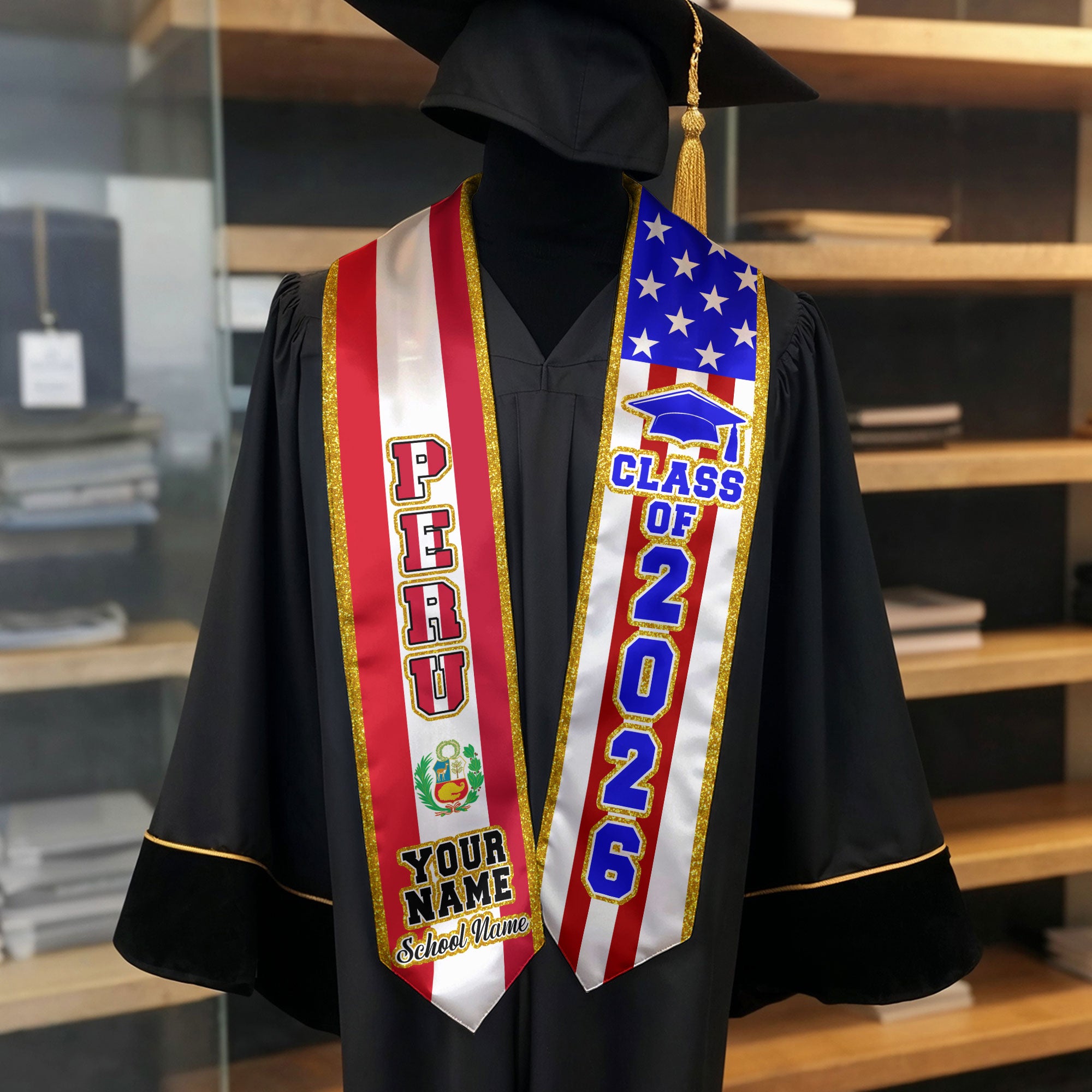 Customized Graduation Stole Peru, Peru Flag Graduation Sash, Custom Stole for Graduation 2026