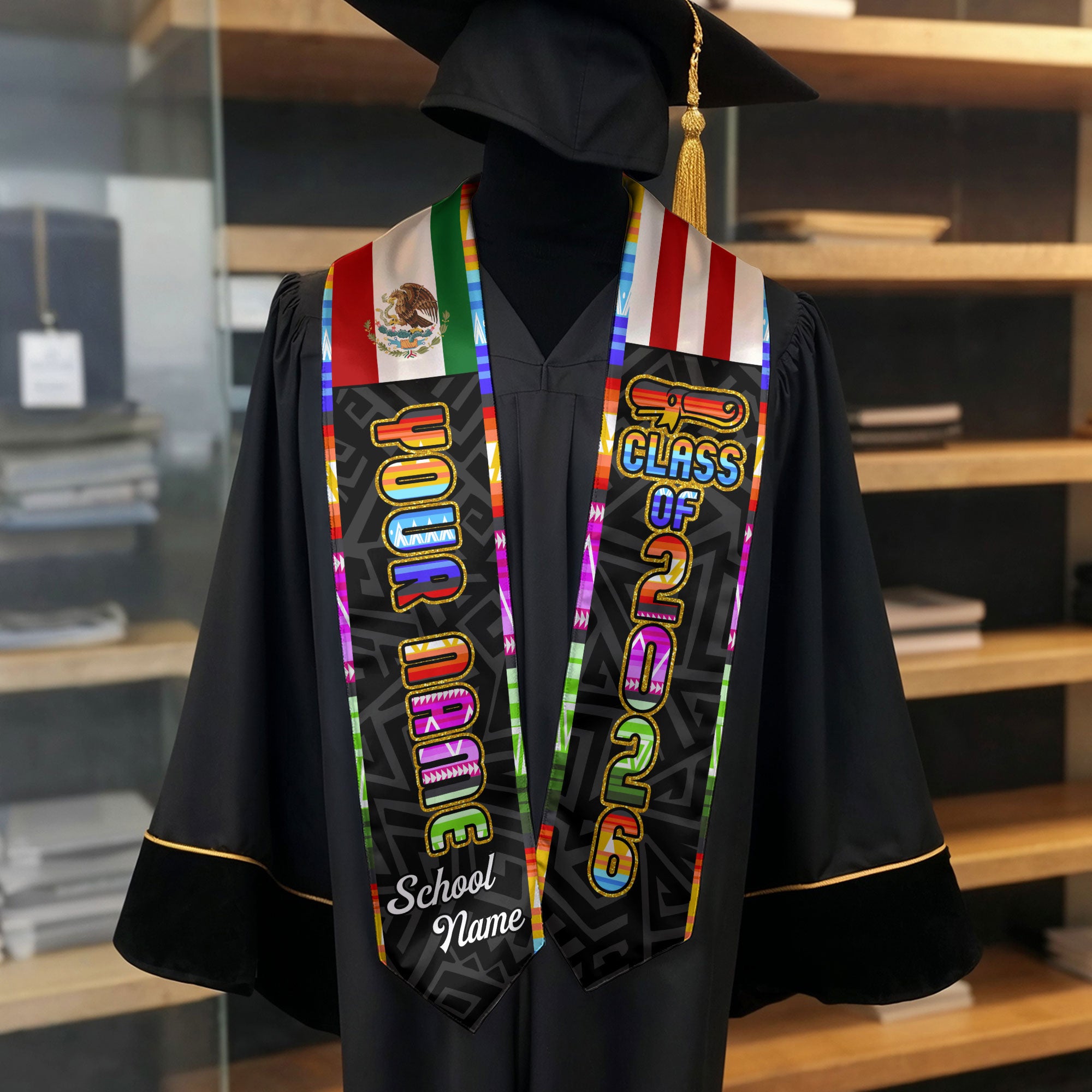 2026 Mexico Graduation Stole, Mexican American Flag Sash, Add a Personal Detail Option