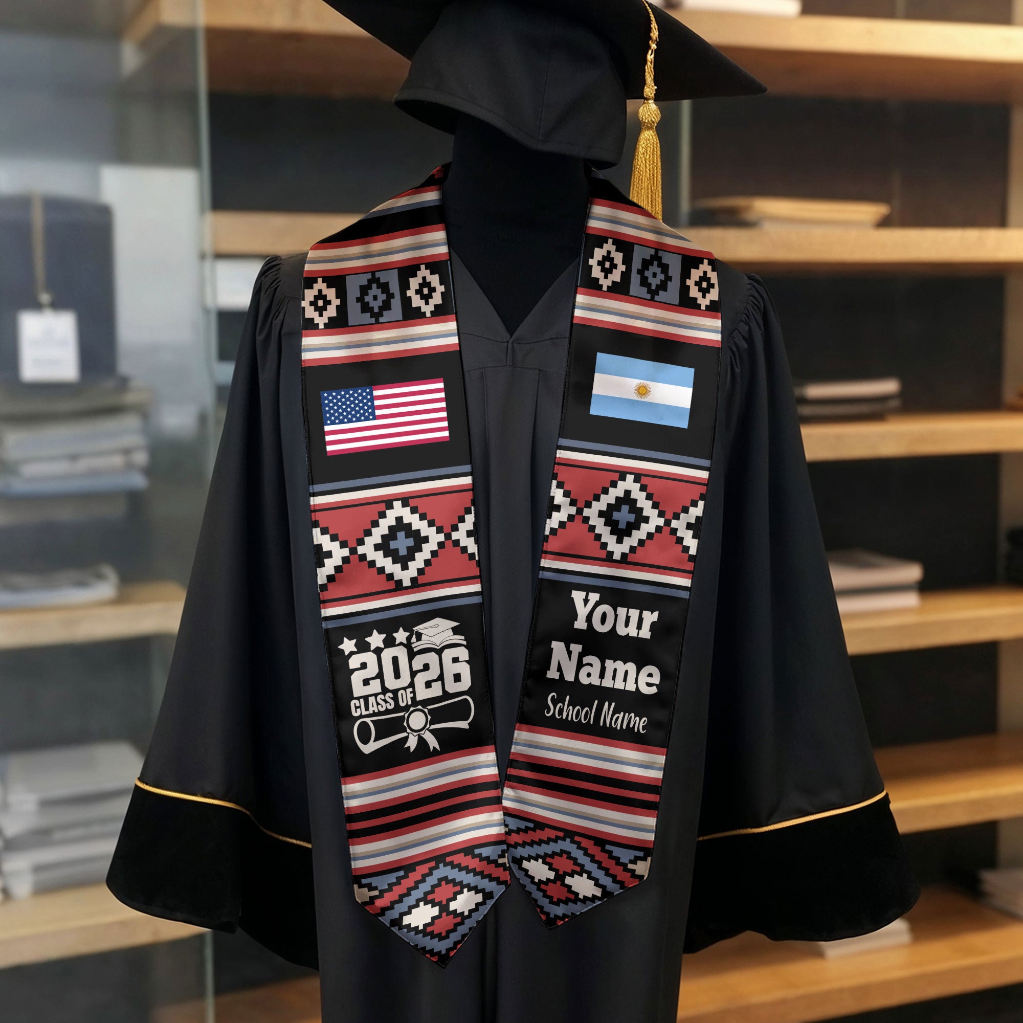 Customized Argentina Graduation Stole Featuring National Flag Motif, Graduation Sash for Class of 2026